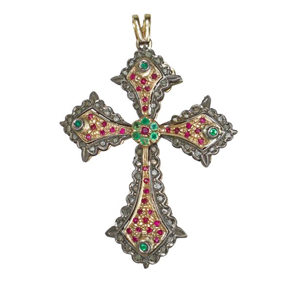 Cross in silver and low-grade gold with rubies, emeralds and brilliant-cut diamonds