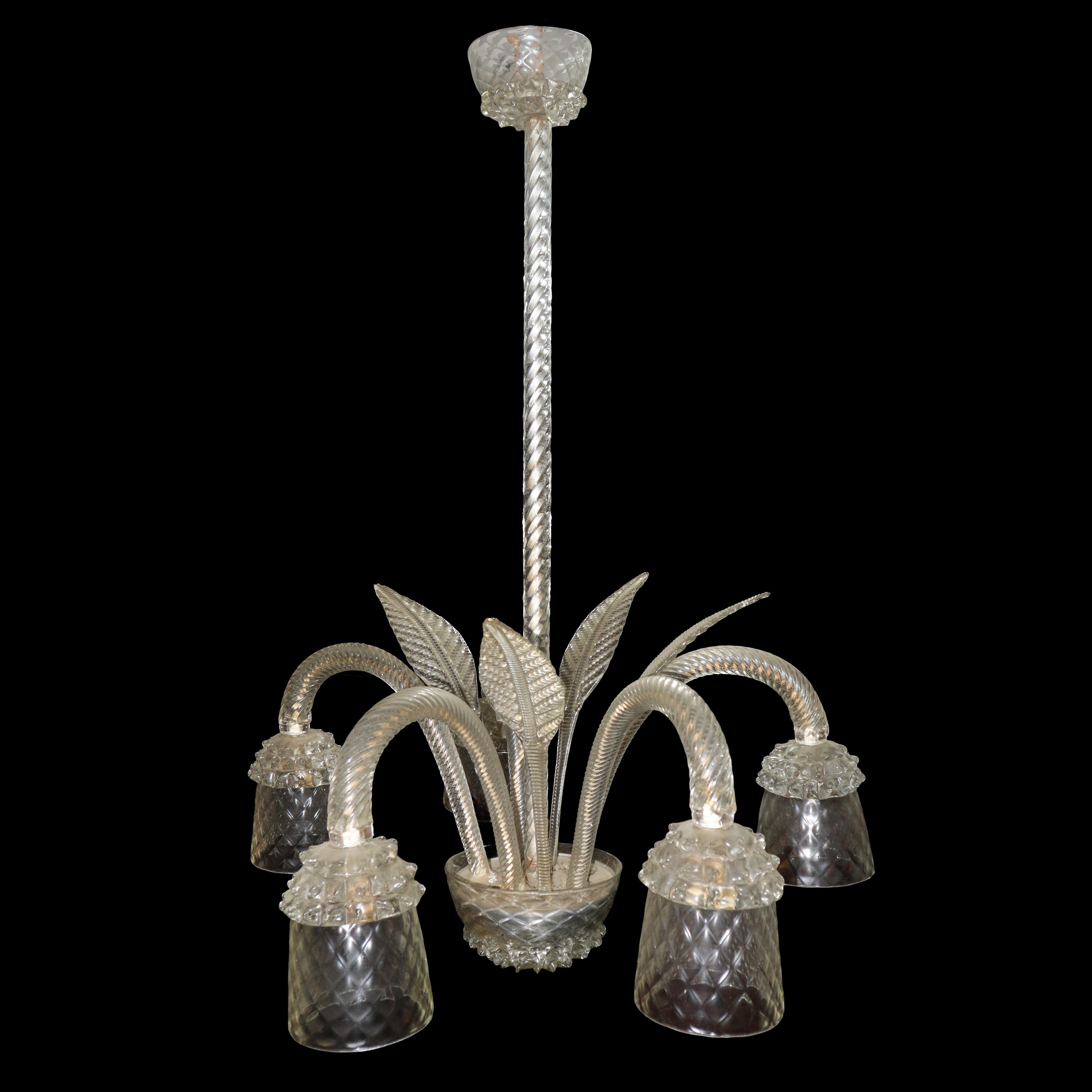 Lampadario a foglie in vetro trasparente di Murano