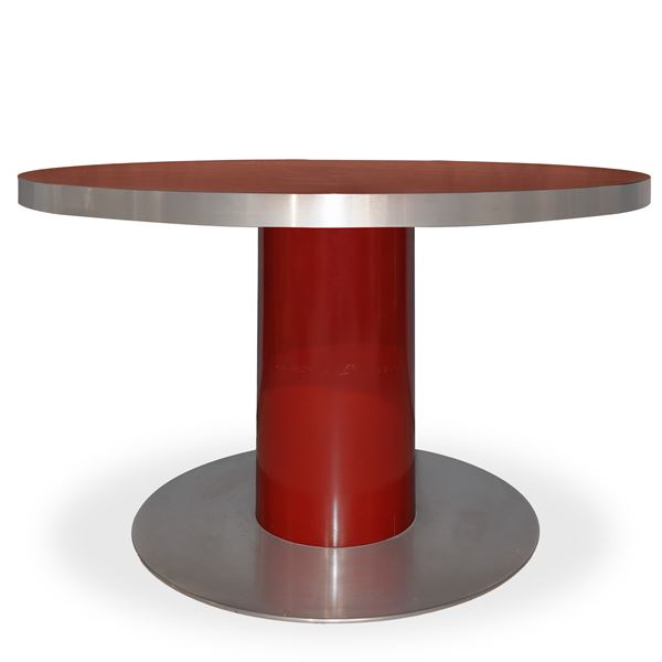 Willy Rizzo - Round dining table in steel and red chrome