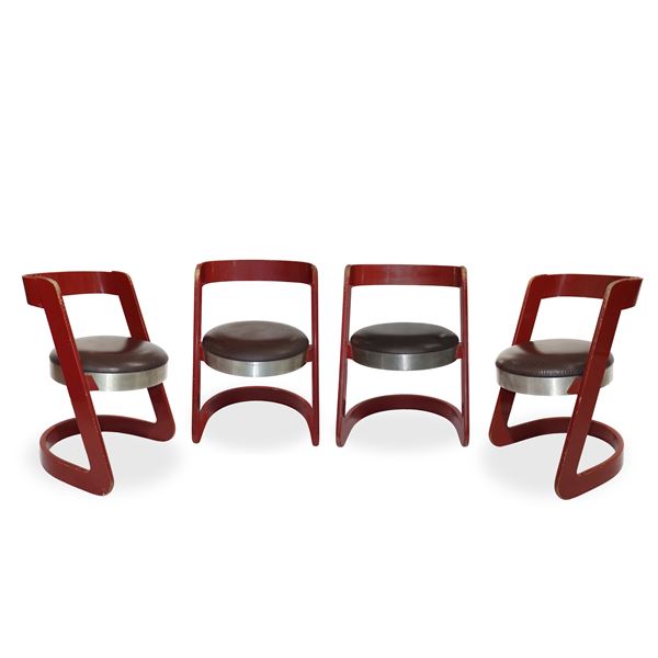 Willy Rizzo - No. 4 chairs in red lacquered wood and steel seat