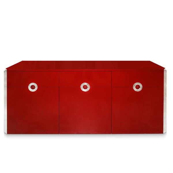 Alveo model sideboard in red lacquer and chrome details