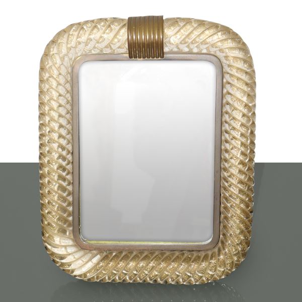 Transparent Murano glass torchon photo frame with gold inclusions