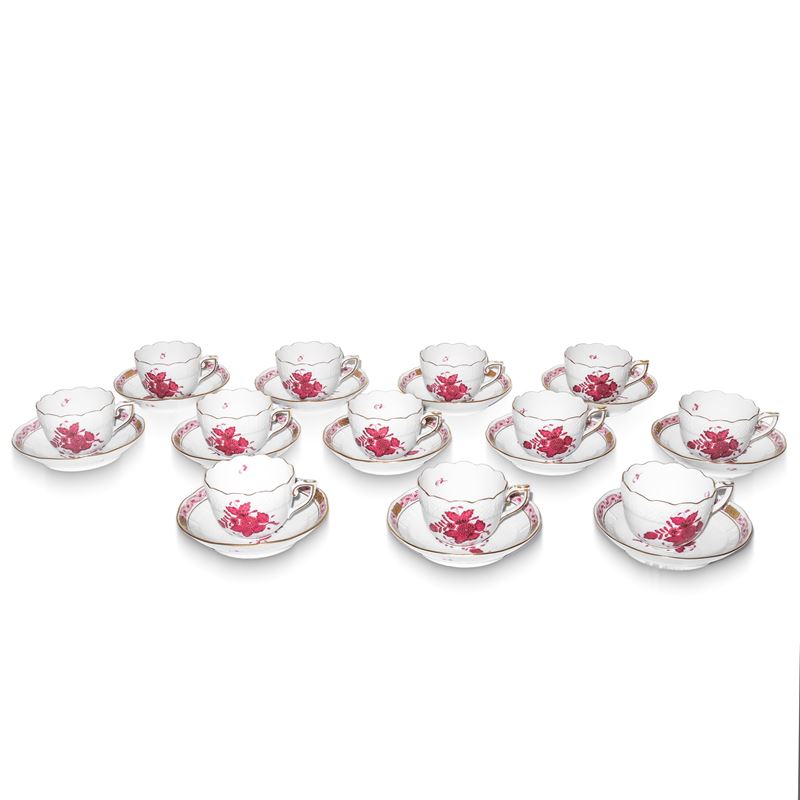 12 tazze da caffè con piattino decoro Apponyi fucsia reale in porcellana bianca Herend,