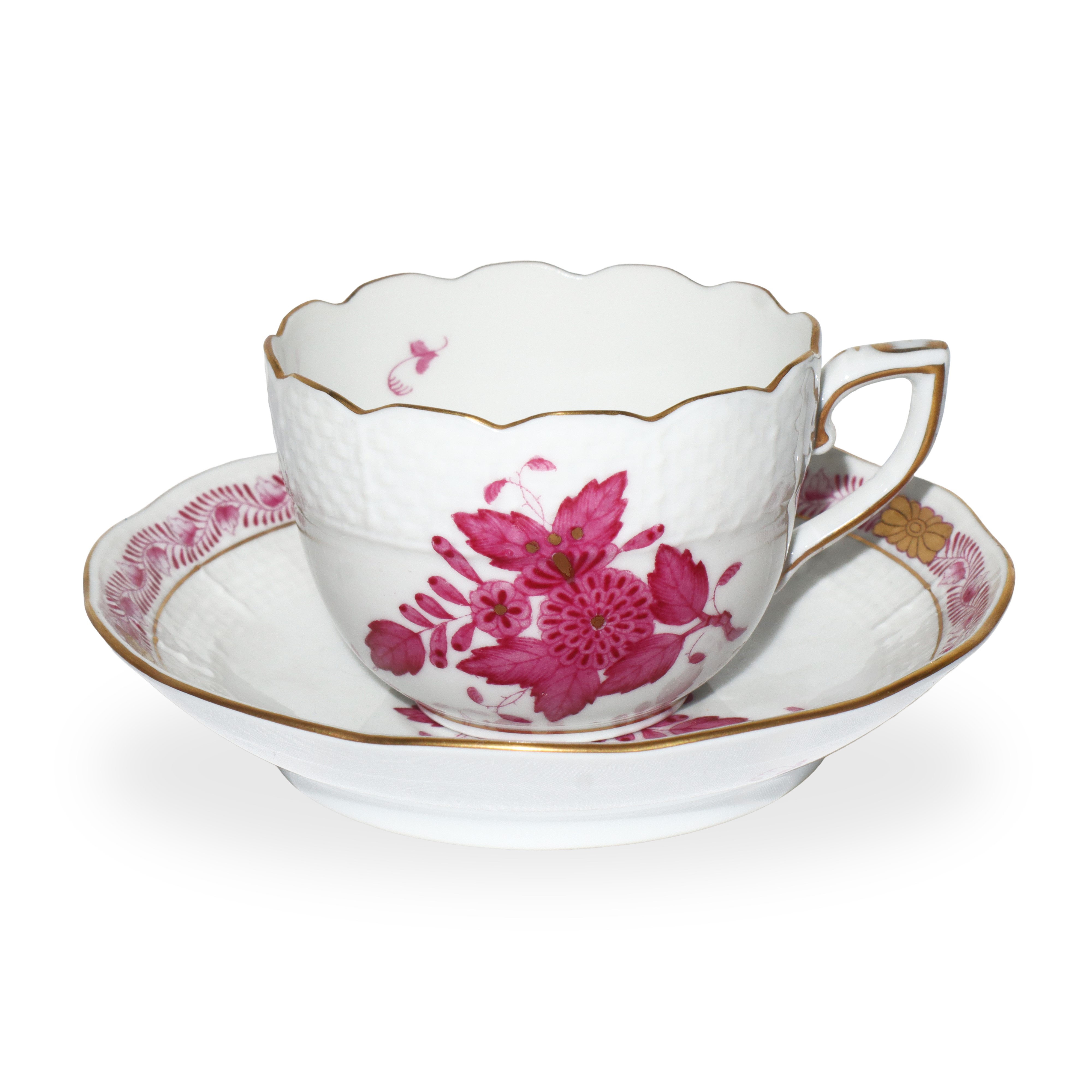 12 tazze da caffè con piattino decoro Apponyi fucsia reale in porcellana bianca Herend,