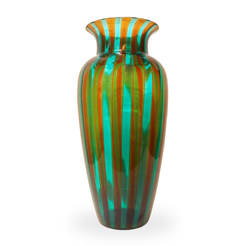 Vaso in vetro di Murano decorato a canne verdi e arancioni