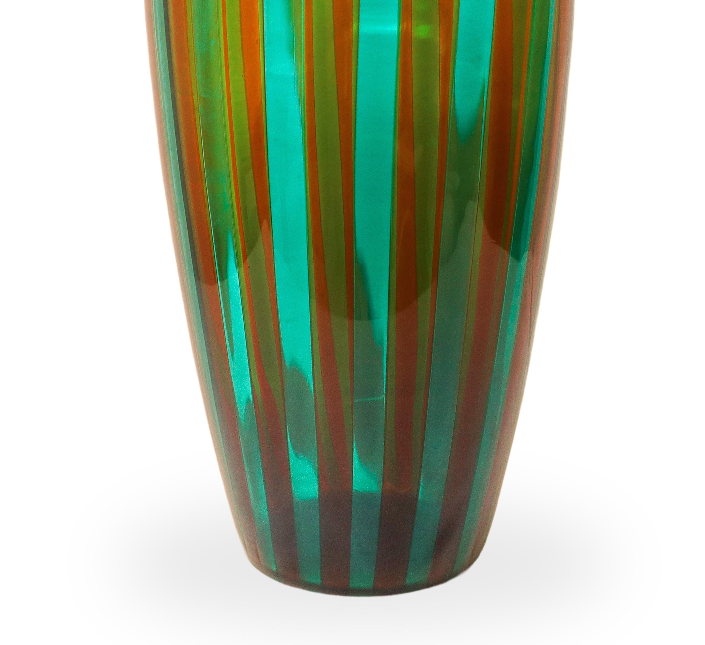 Vaso in vetro di Murano decorato a canne verdi e arancioni