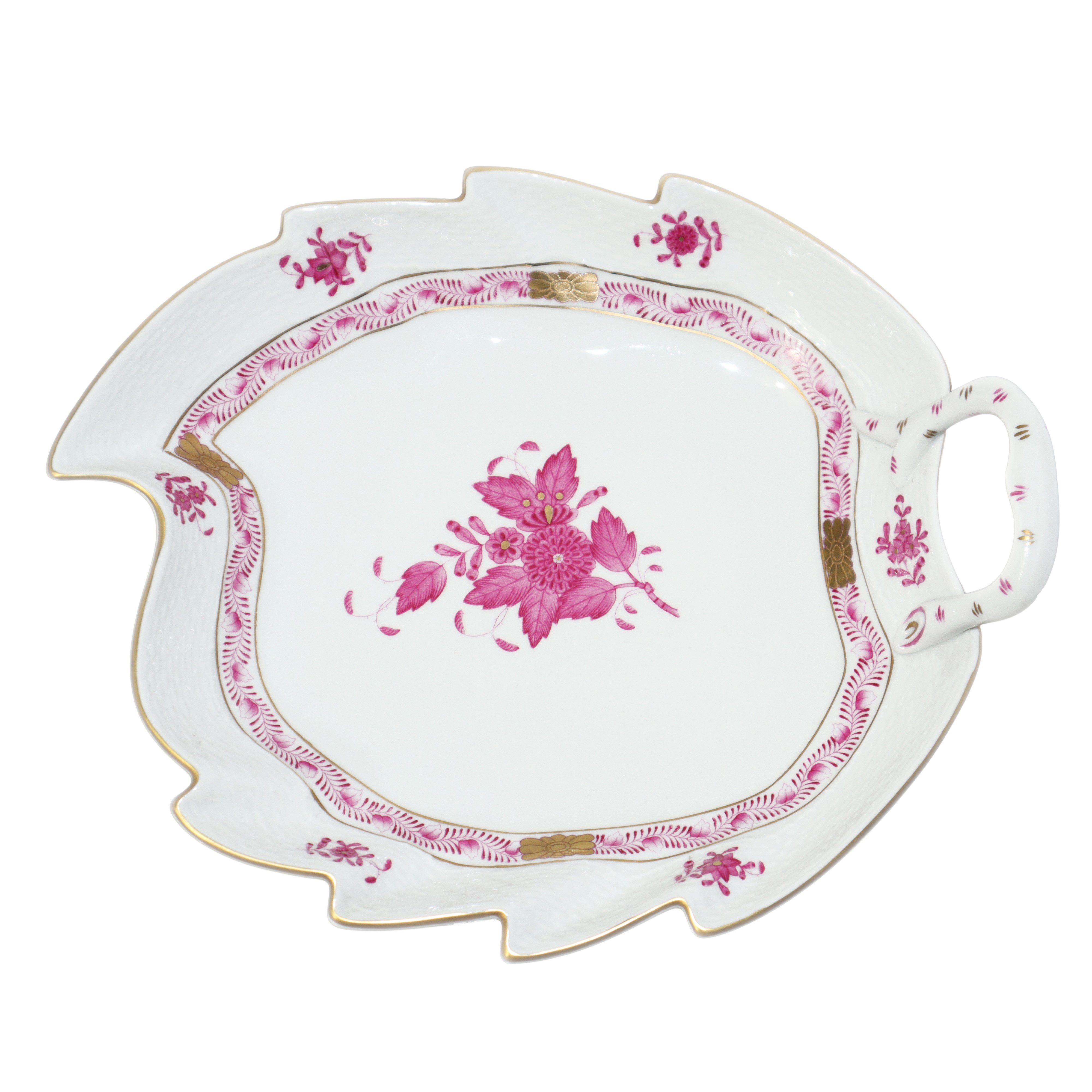 Foglia in porcellana bianca Herend decoro Apponyi fucsia reale