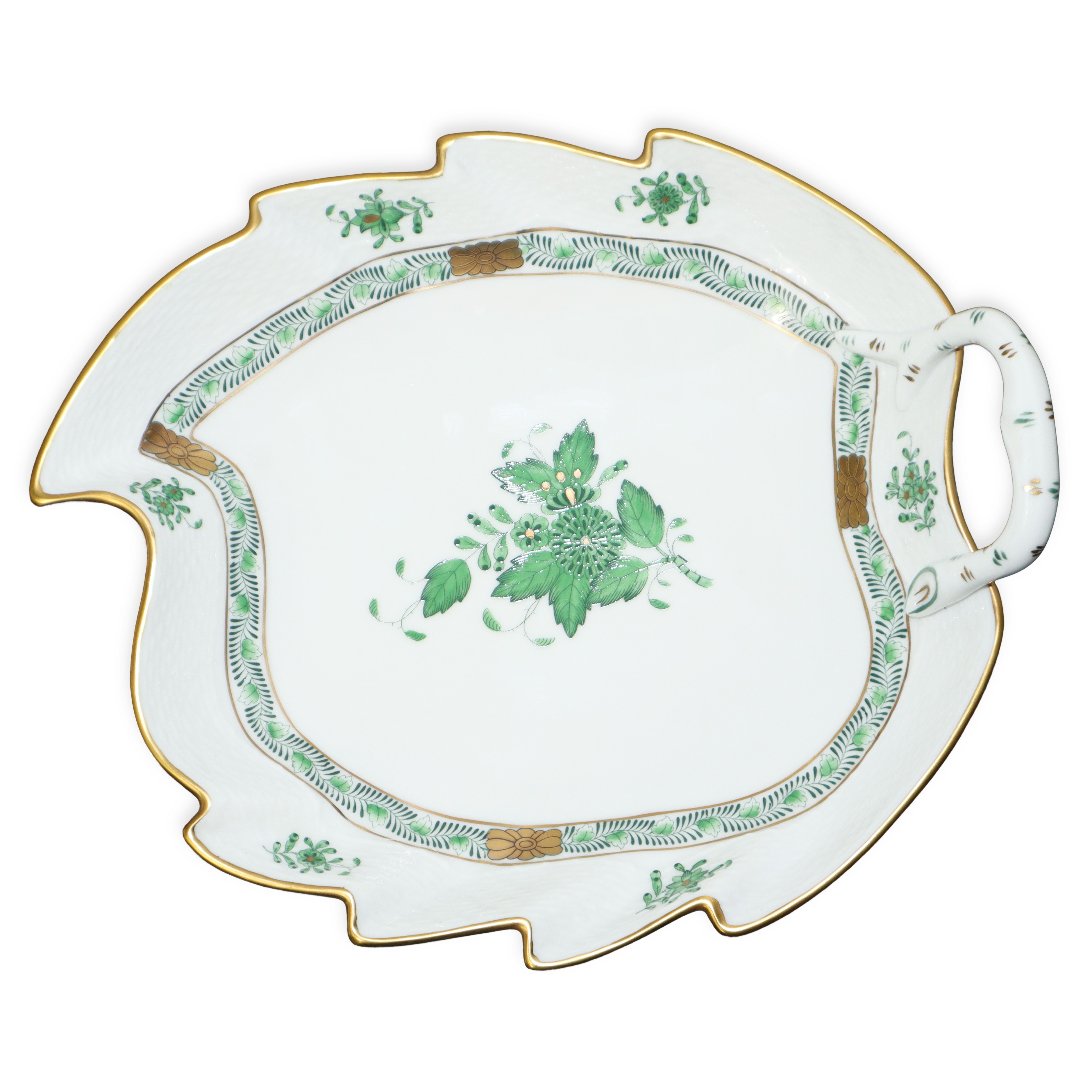 Foglia in porcellana bianca Herend decoro Apponyi verde