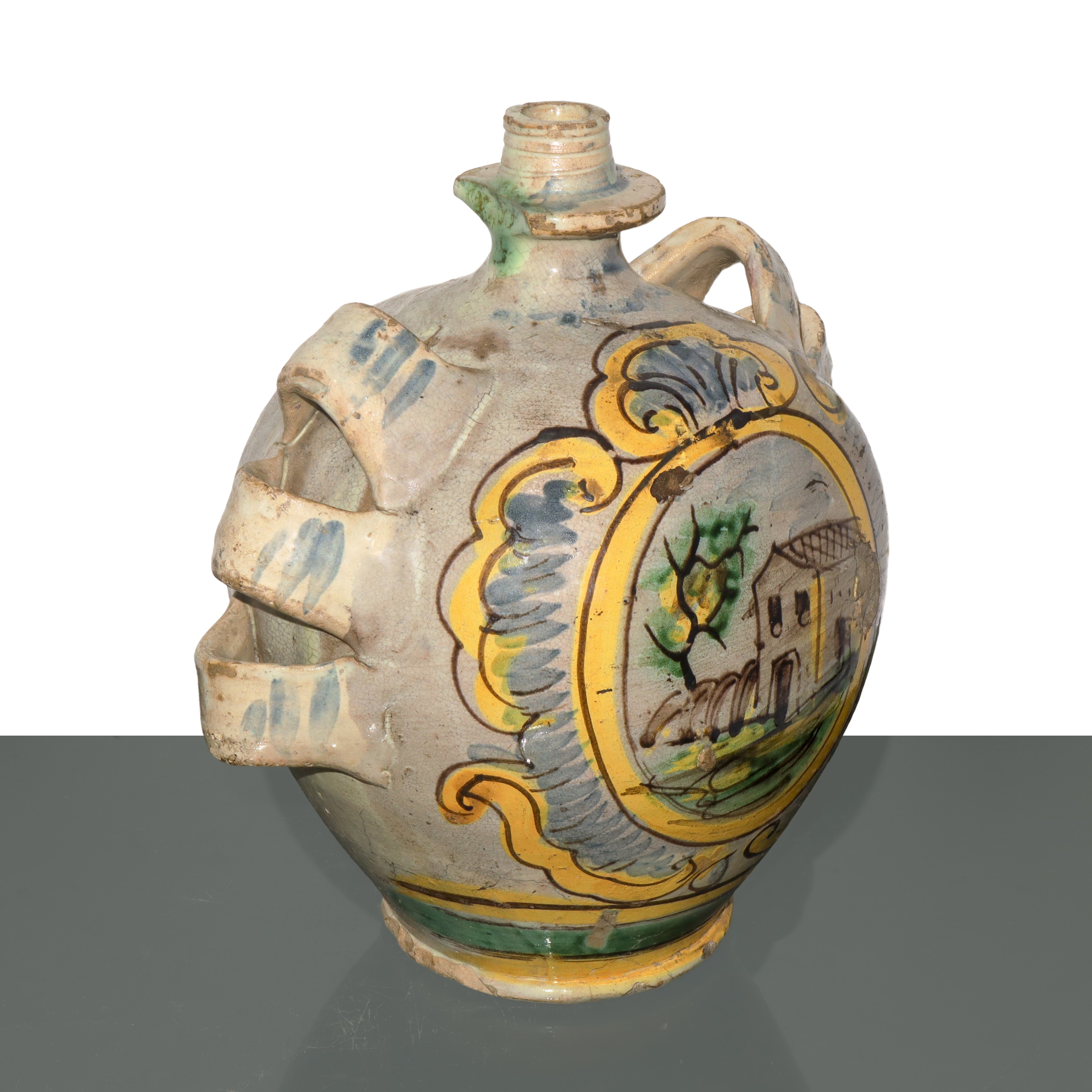 Fiasca poliansata in maiolica di Caltagirone dipinta sul fronte con paesaggio entro cartiglio