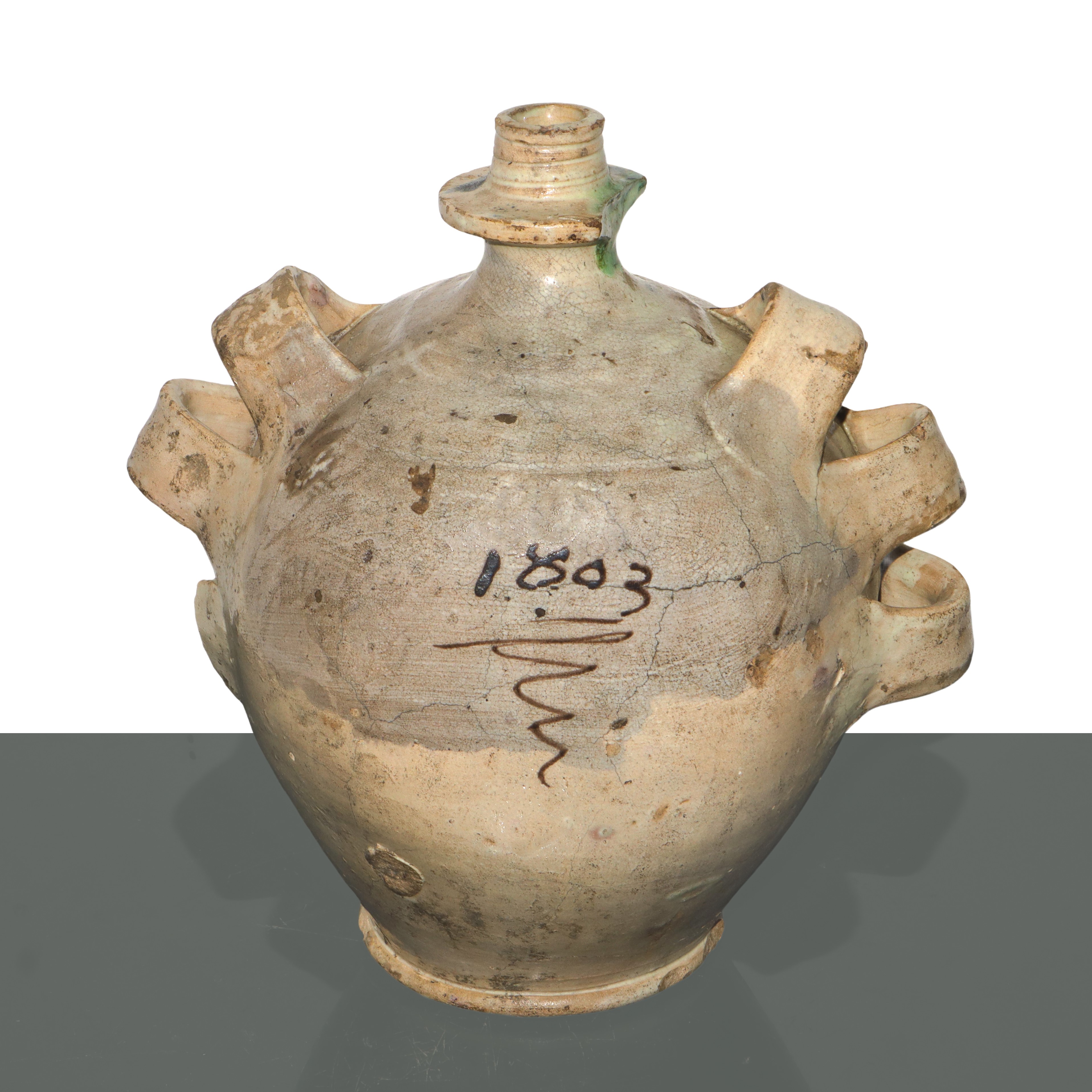 Fiasca poliansata in maiolica di Caltagirone dipinta sul fronte con paesaggio entro cartiglio