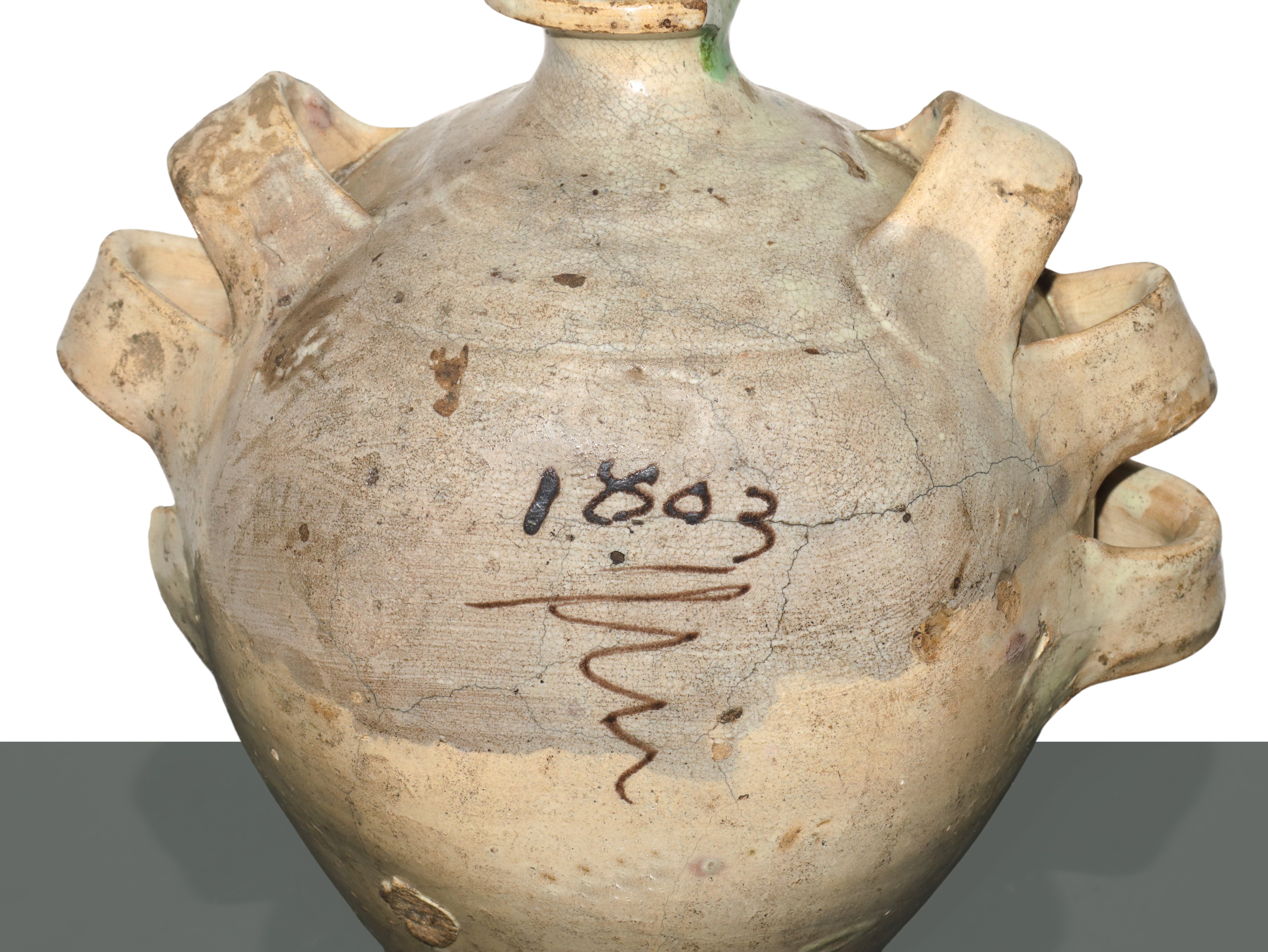 Fiasca poliansata in maiolica di Caltagirone dipinta sul fronte con paesaggio entro cartiglio