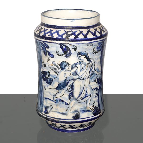 Albarello in Savona majolica painted on the front with a biblical scene "Tobias and the Angel"