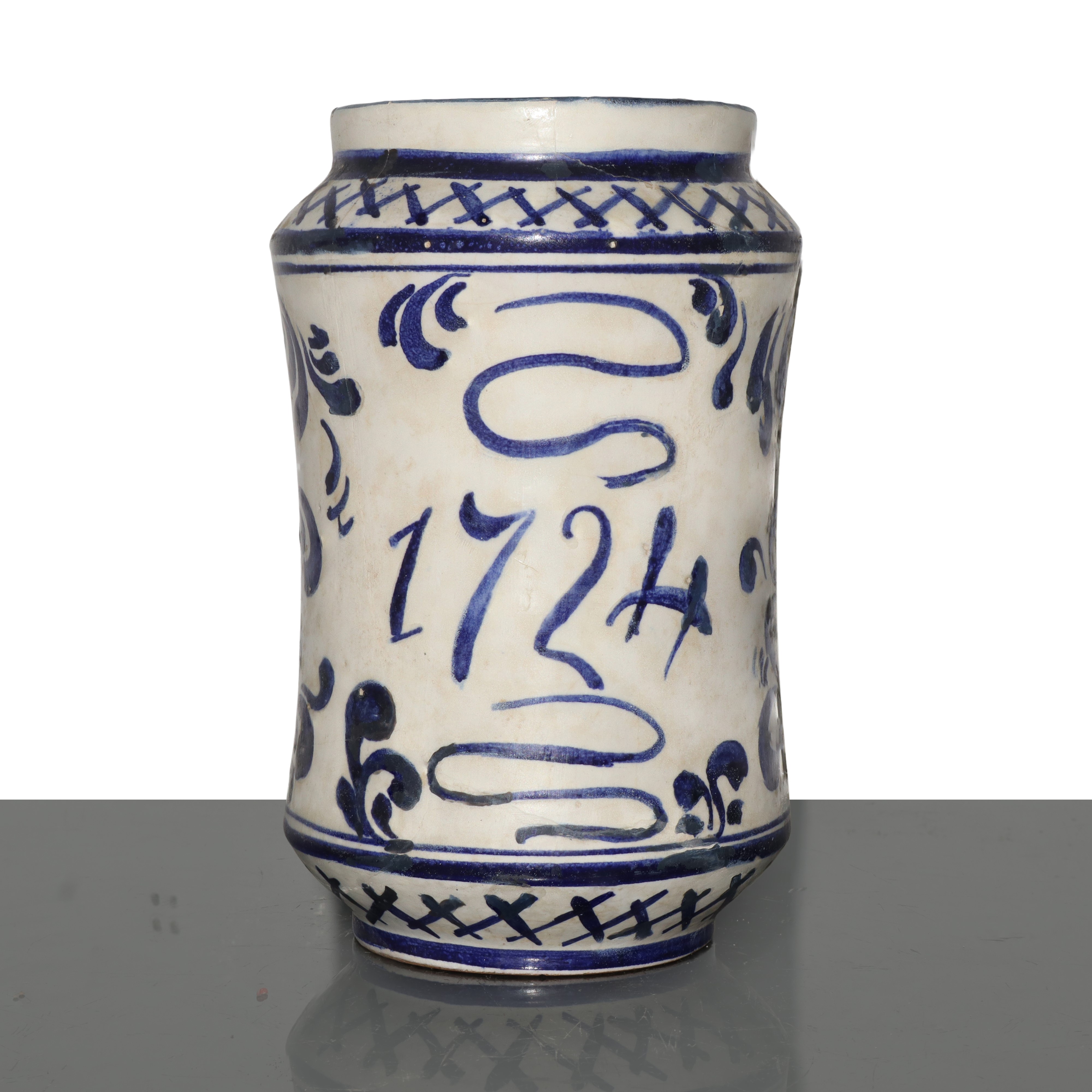 Albarello in maiolica di Savona sul fronte dipinto con scena biblica "Tobia e l'Angelo"