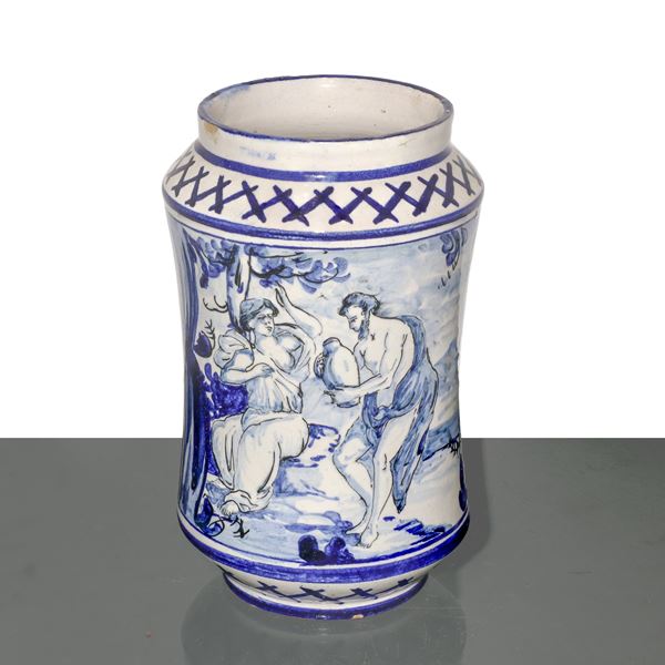 Albarello in Savona majolica painted on the front with a mythological scene 