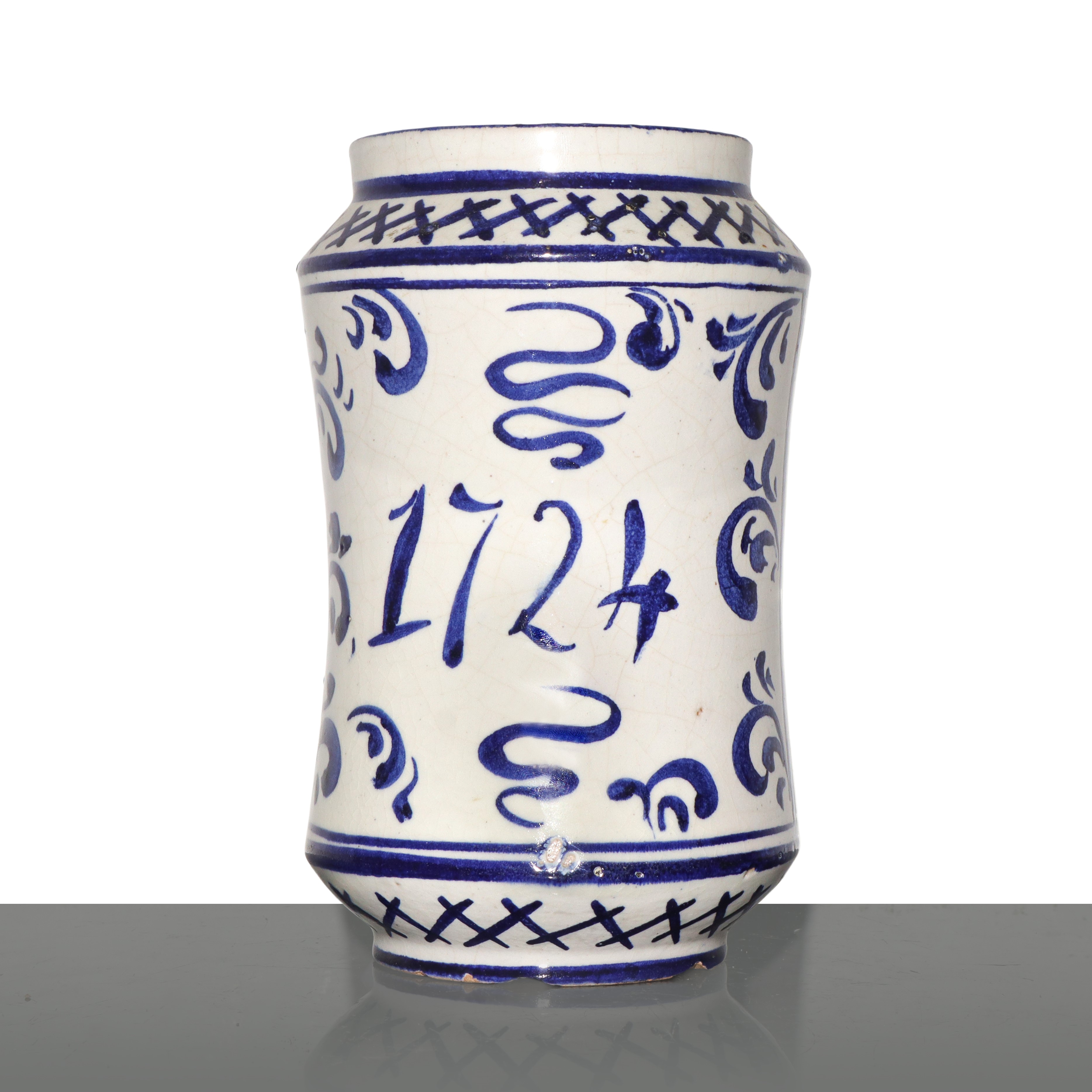 Albarello in maiolica di Savona sul fronte dipinto con scena mitologica