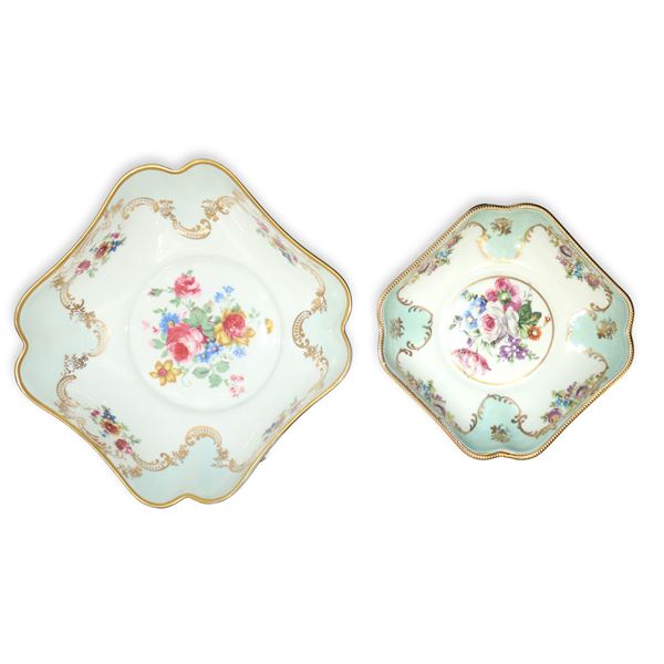 Limoges - Coppia di portacioccolatini quadrati in porcellana con decori floreali e bordi oro