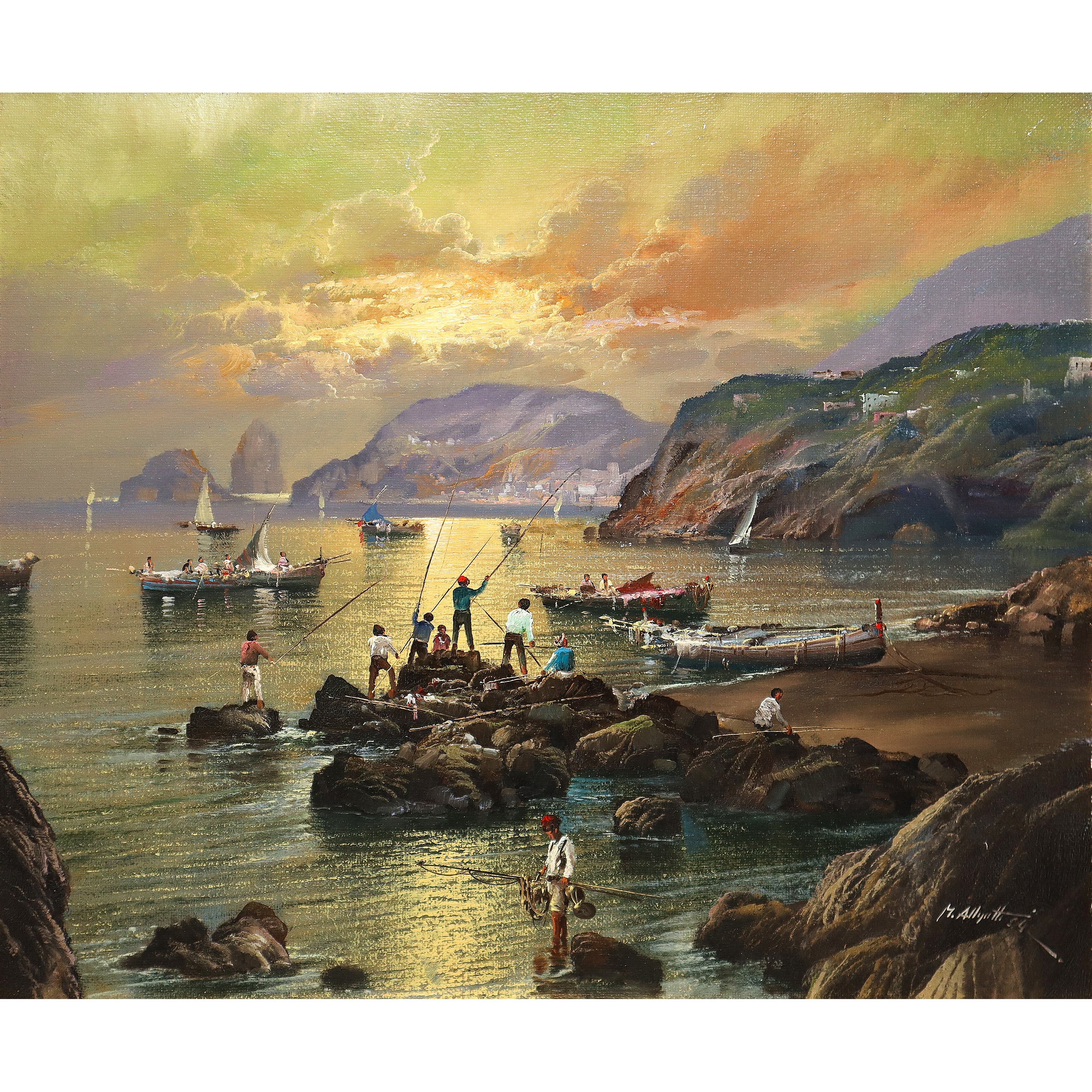 Dipinto con barche e pescatori