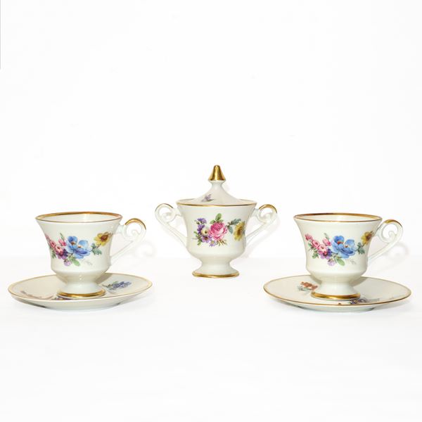 Alka Kunst Kronach Bavaria - Servizio di tazzine da caffè tête-a tête con zuccheriera in porcellana bianca con decori floreali e riporti color oro