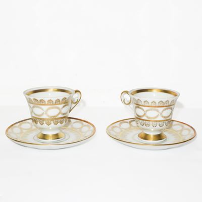 Tazzine da caffè tête-à-tête in porcellana bianca con decorazioni dorate
