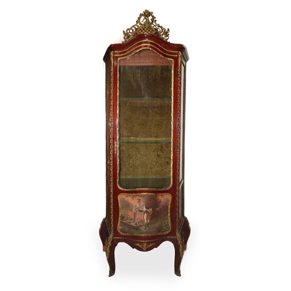 Vetrina Napoleone III laccata e dipinta con scene galanti con cornice e guarnizioni in bronzo