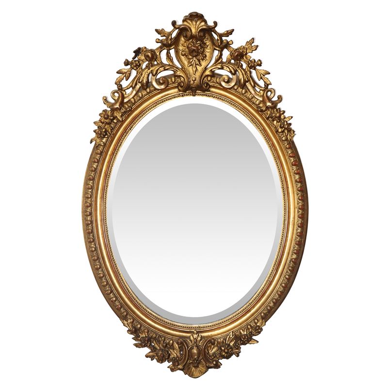 Specchiera francese ovale in cornice dorata in pastiglia con cimasa