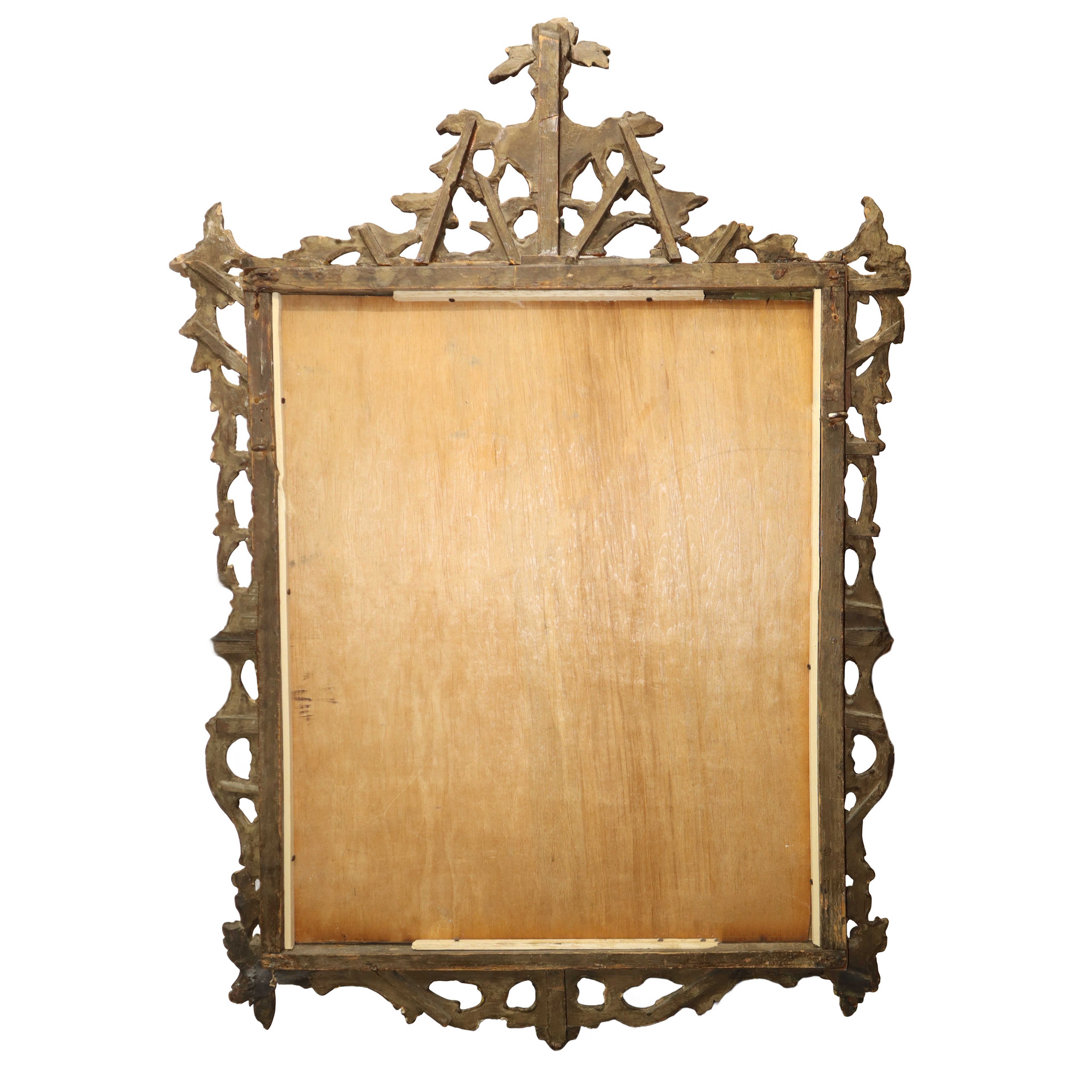 Specchiera veneziana in cornice dorata a foglia con specchio al mercurio bulinato con personaggio...