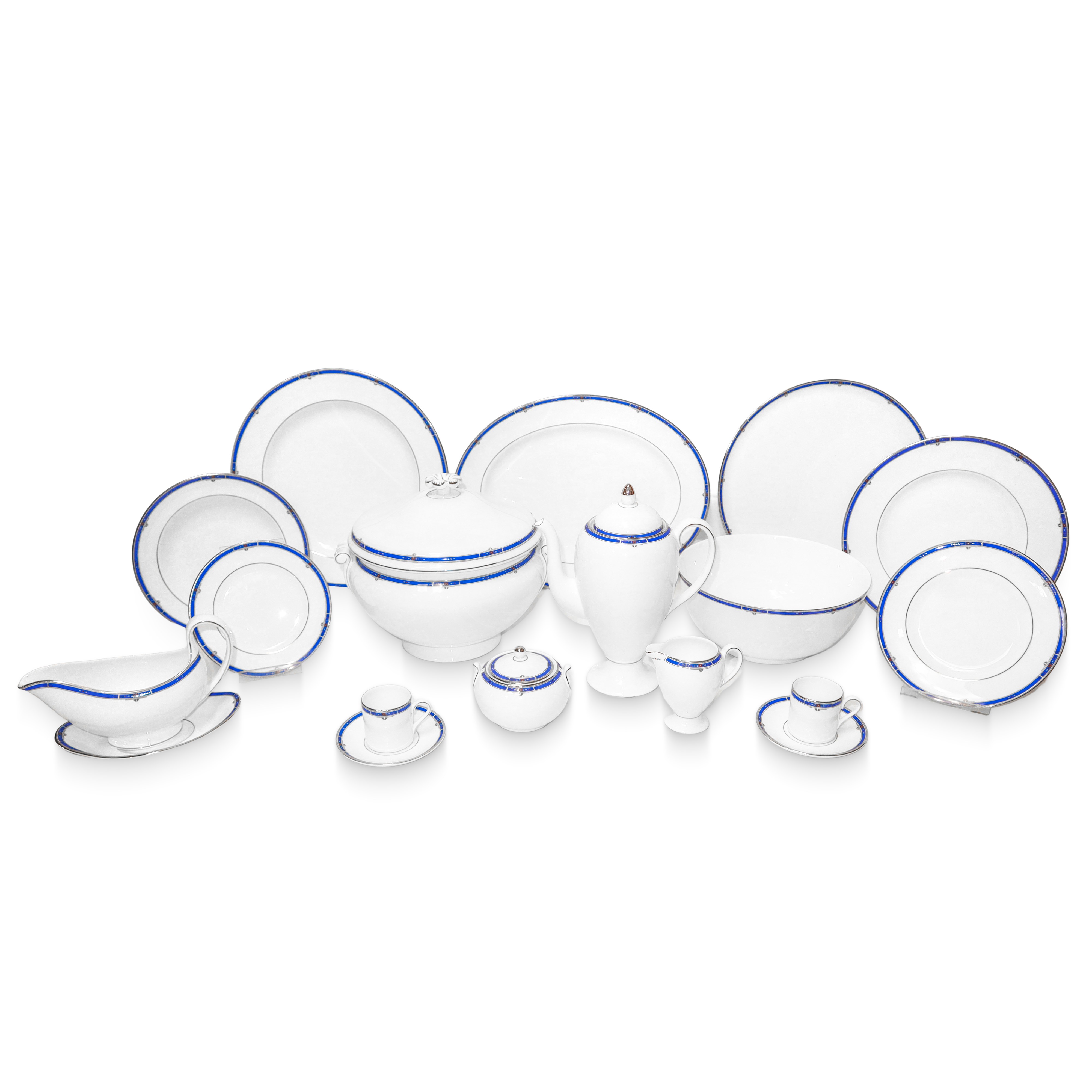 Servizio di piatti e caffè in porcellana bianca Wedgwood, modello Kingsbridge con decori in blu