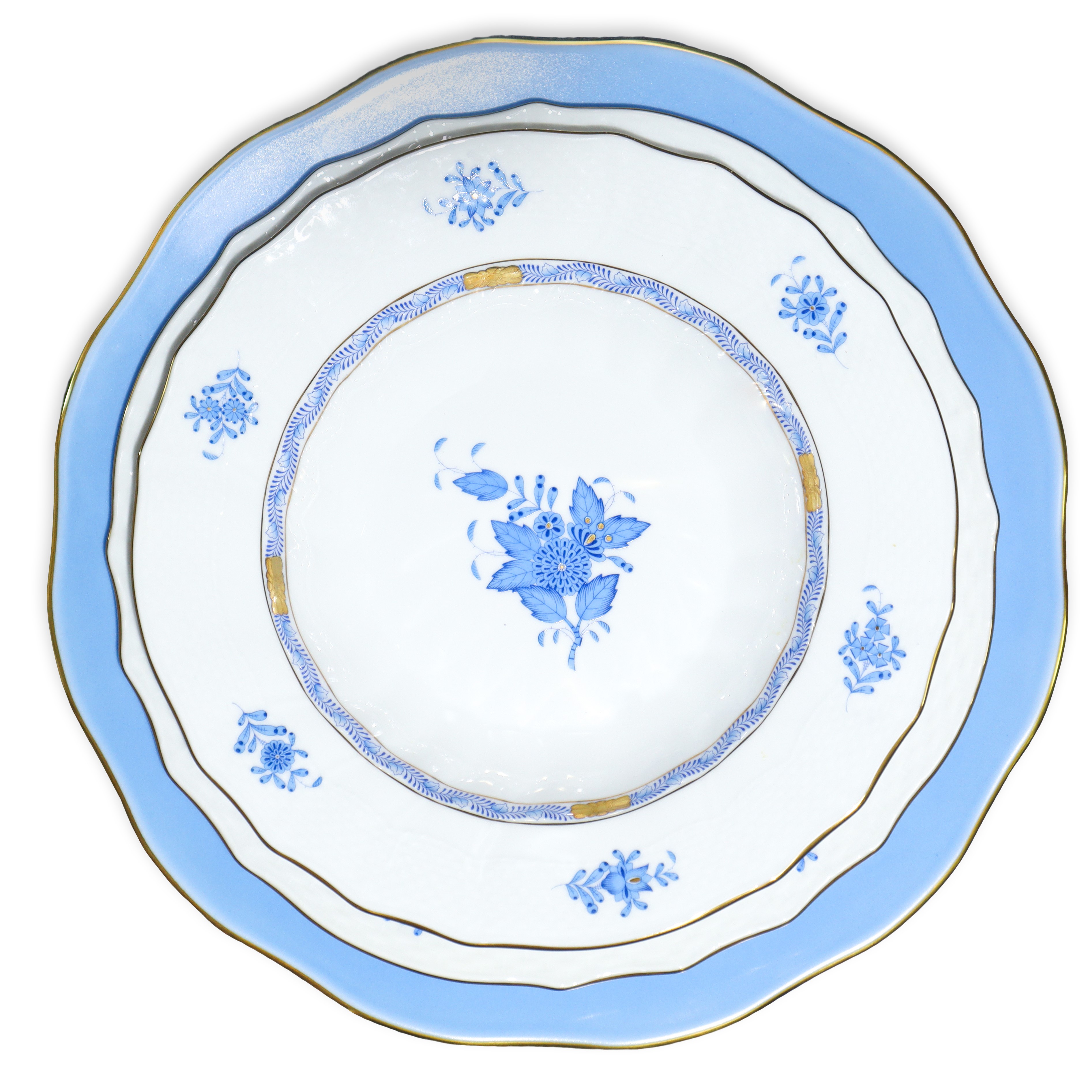 Completo Servizio di piatti decoro 'Apponyi blue' in porcellana blu su fondo bianco, bordo Ozier ...
