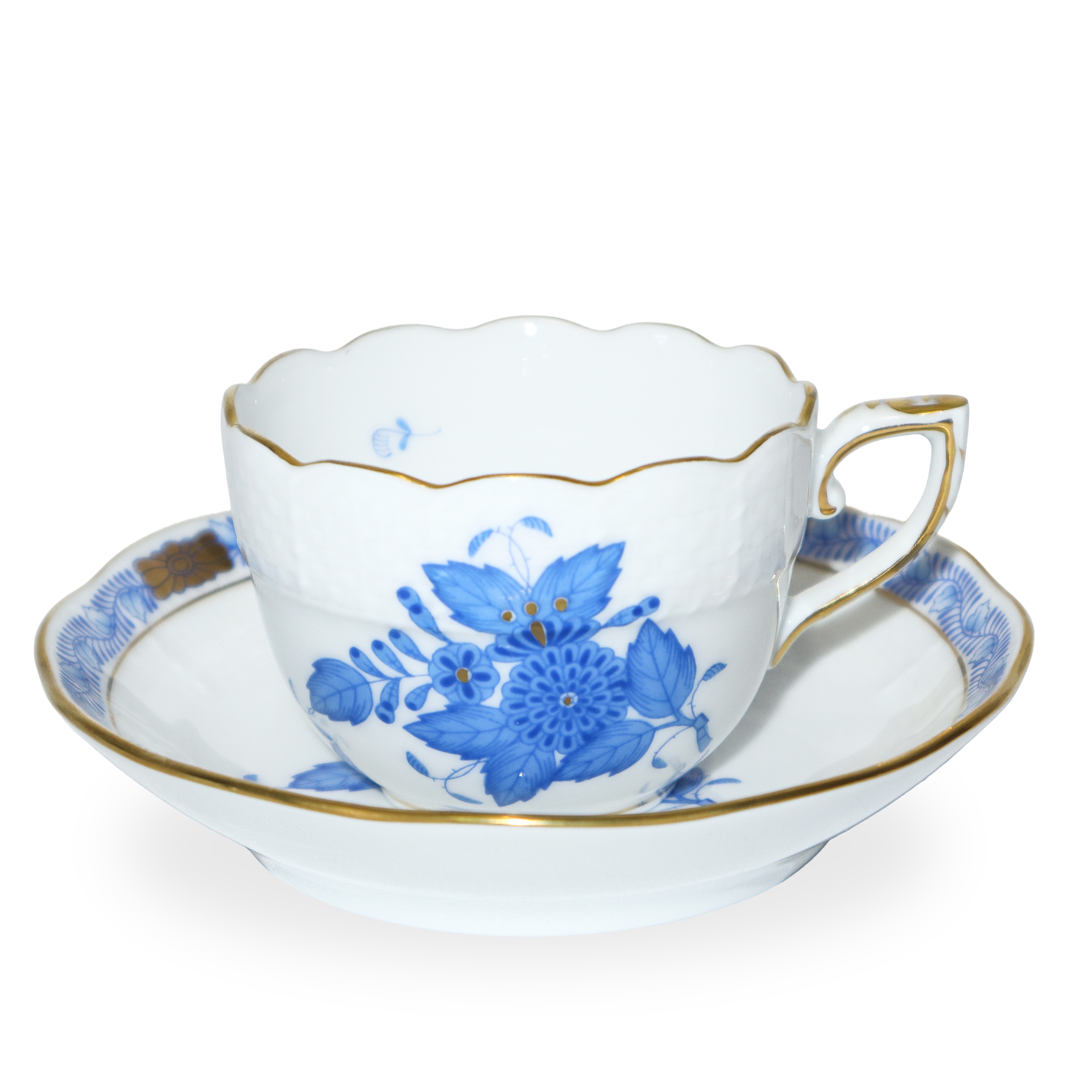 Completo Servizio di piatti decoro 'Apponyi blue' in porcellana blu su fondo bianco, bordo Ozier ...