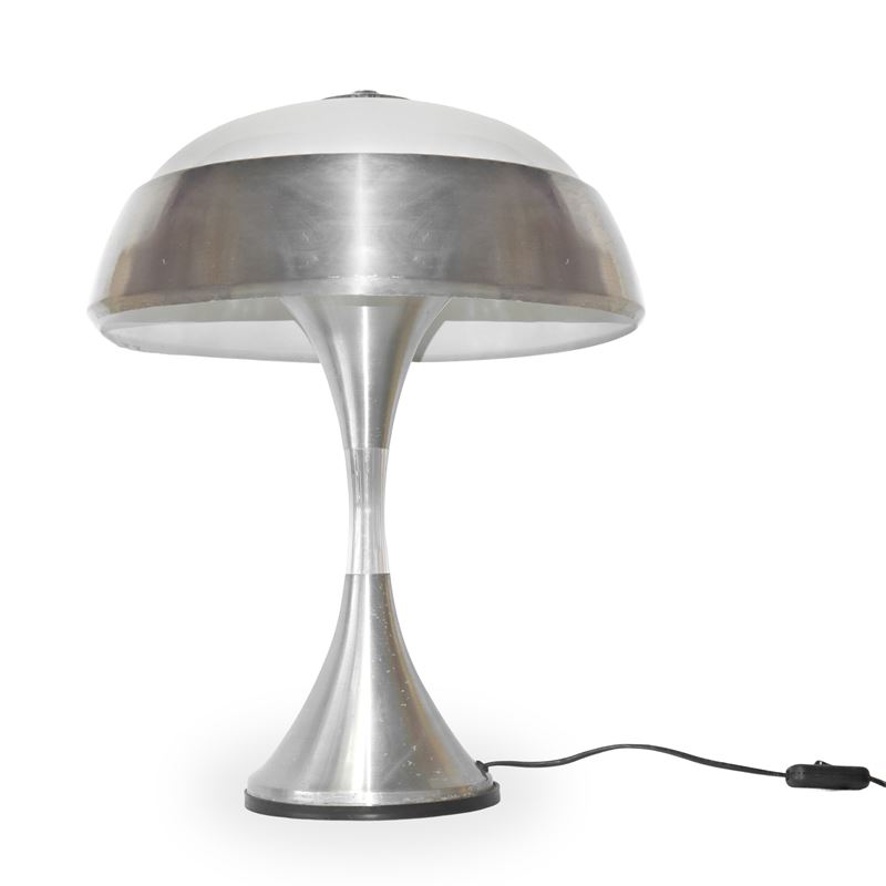 Goffredo Reggiani - Lampada da tavolo a fungo, metallo cromato e vetro opalino