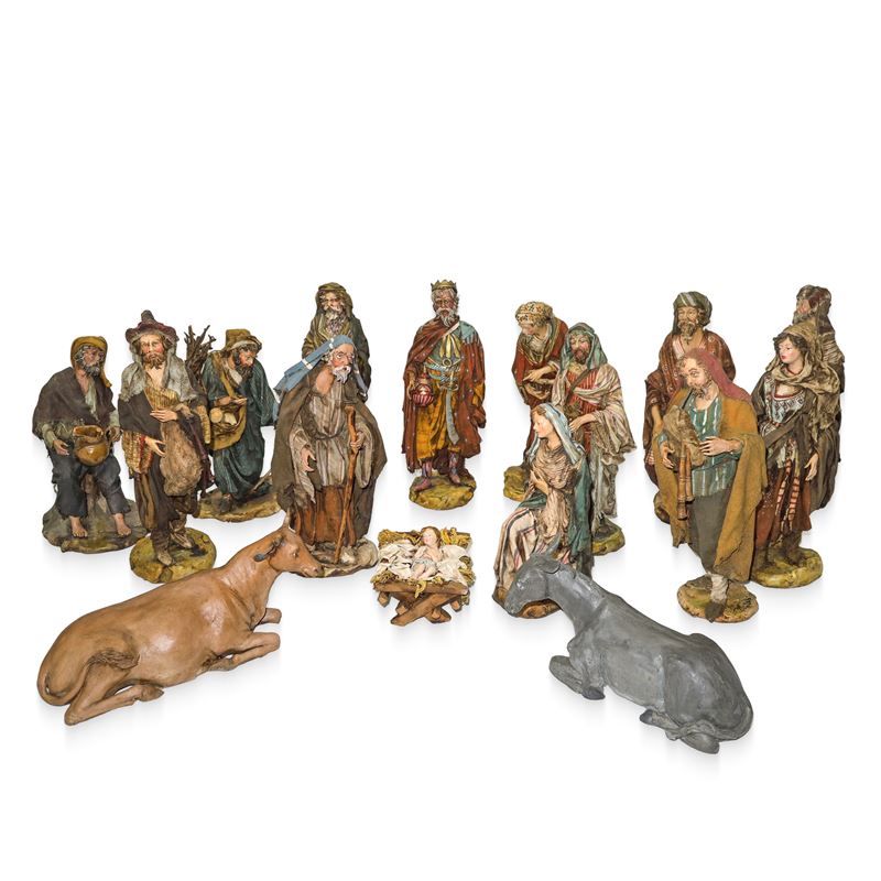Presepe di fattura palermitana realizzato a mano in terracotta e tessuto