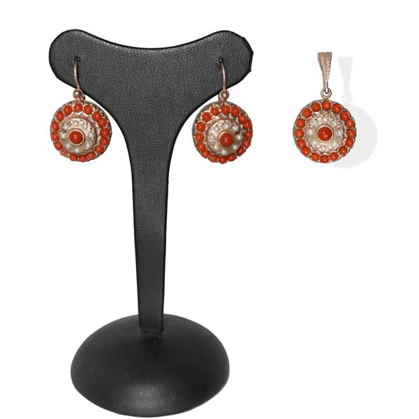 925 silver earrings and pendant set with coral and pearls