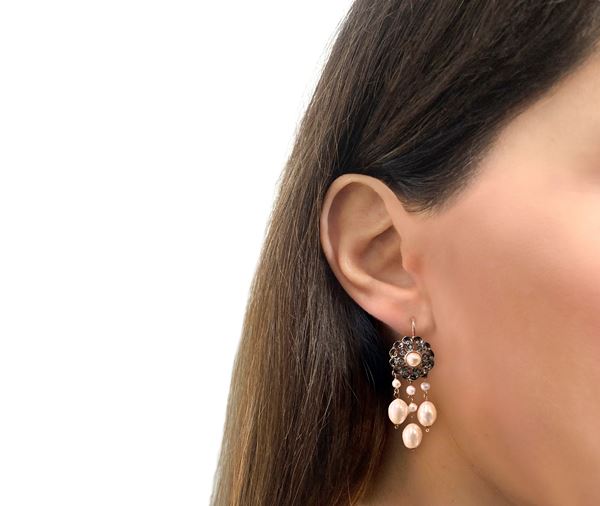 Orecchini in argento 925 con scaglie di brillanti e perle