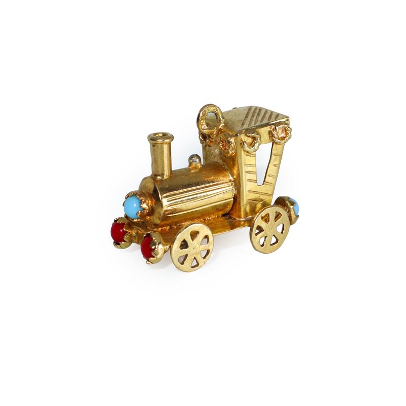 Ciondolo charm a forma di trenino, oro 17 kt con pietre preziose