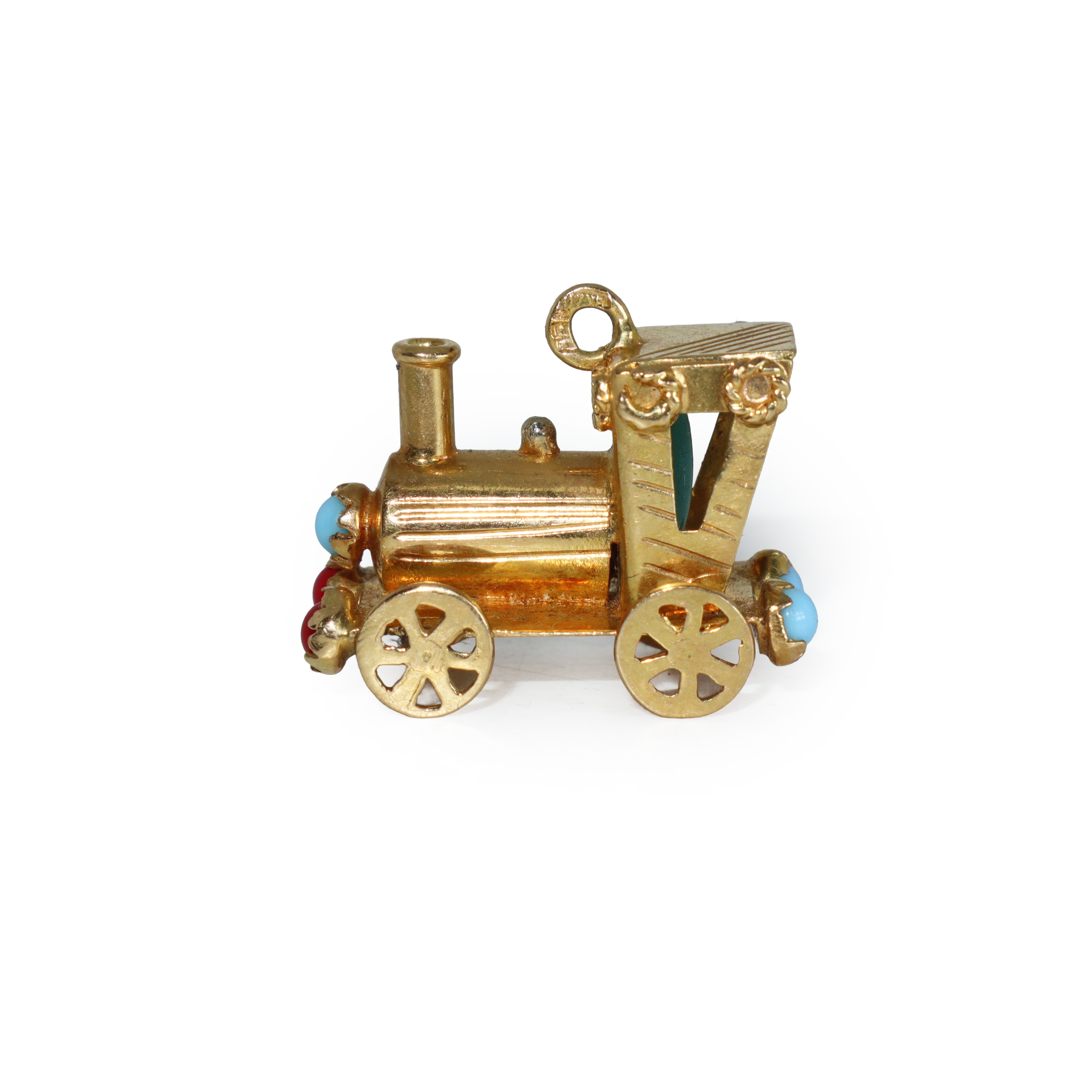 Ciondolo charm a forma di trenino, oro 17 kt con pietre preziose