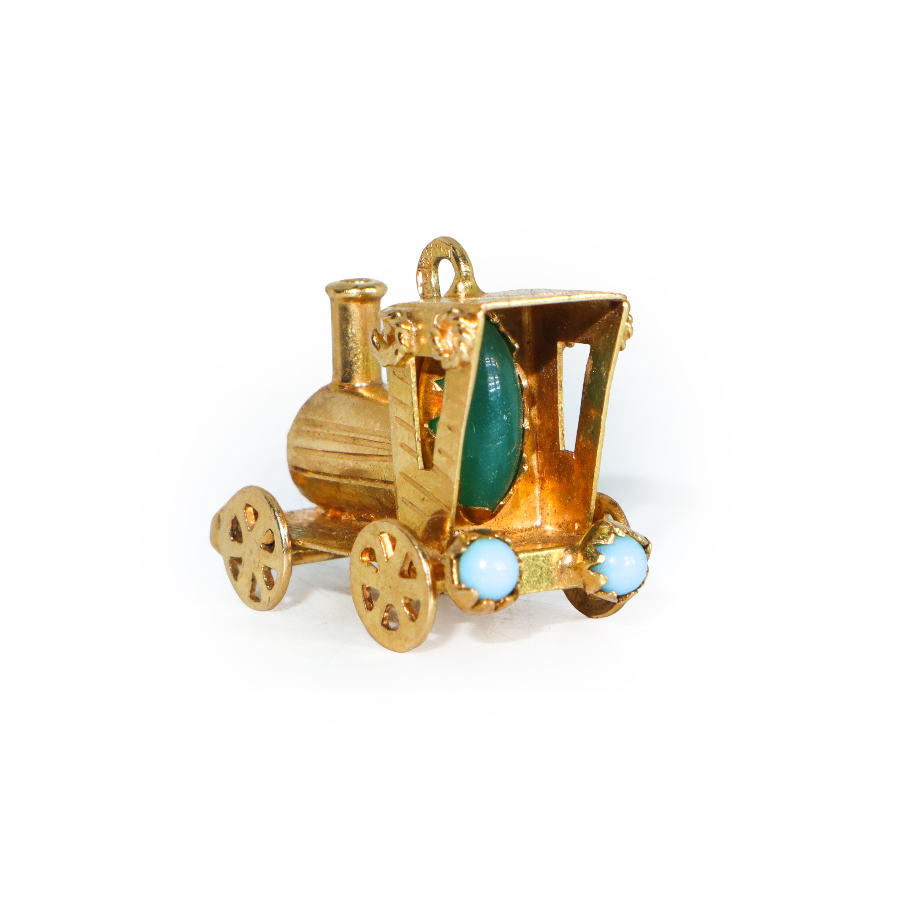 Ciondolo charm a forma di trenino, oro 17 kt con pietre preziose