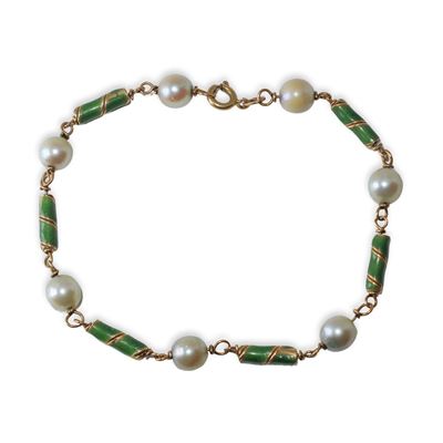 Bracciale in oro 750 con perle e smalti verdi, gr 9,5