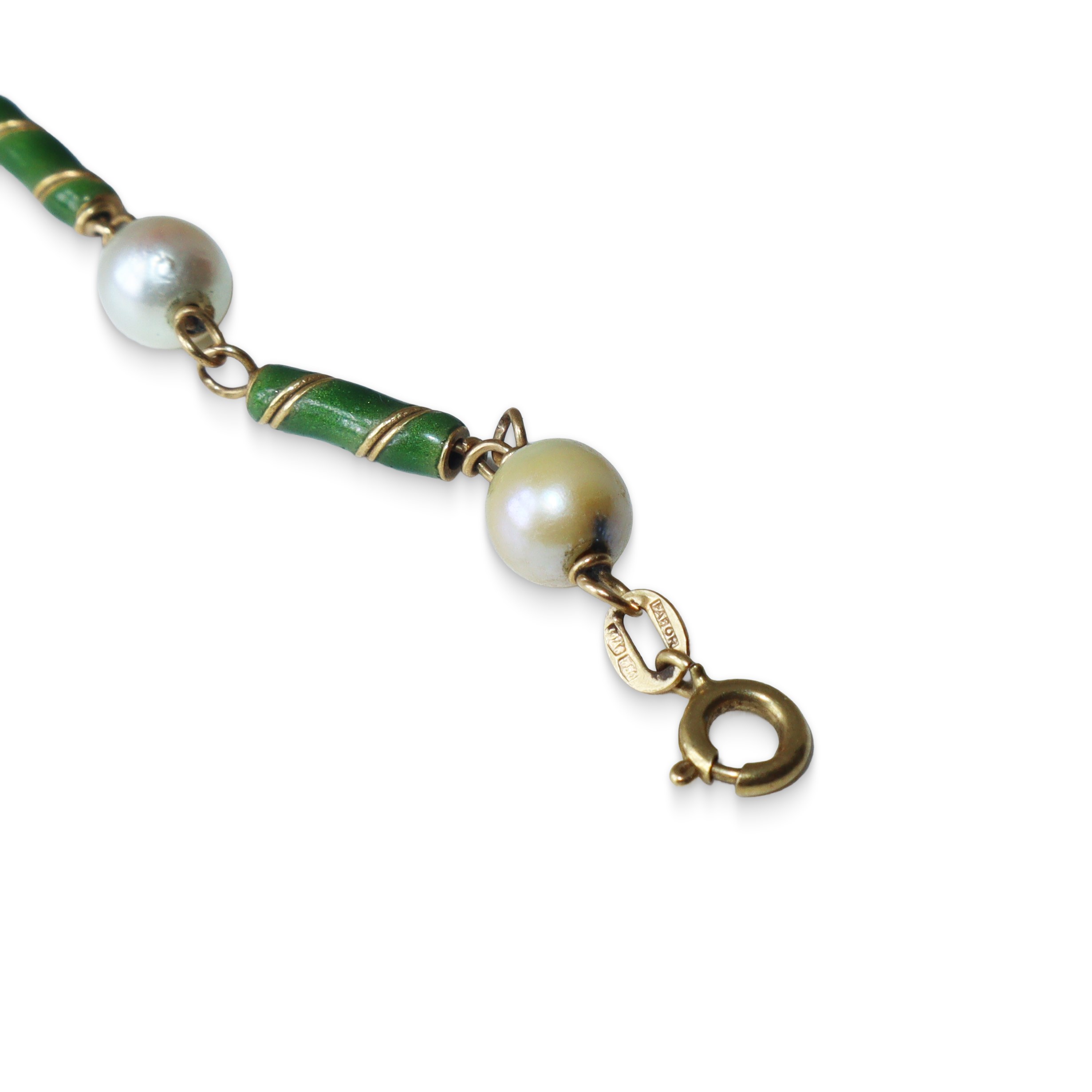 Bracciale in oro 750 con perle e smalti verdi, gr 9,5