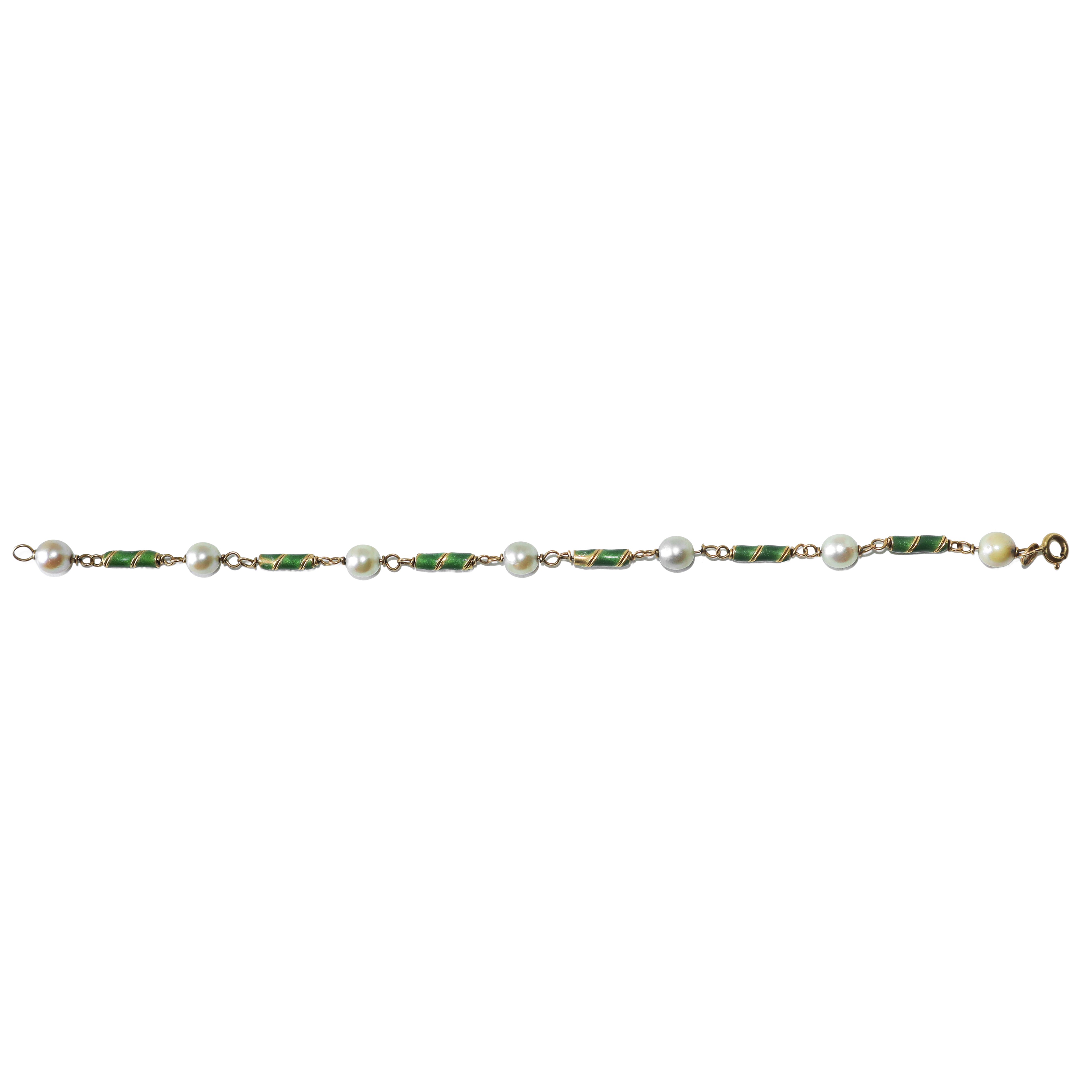Bracciale in oro 750 con perle e smalti verdi, gr 9,5