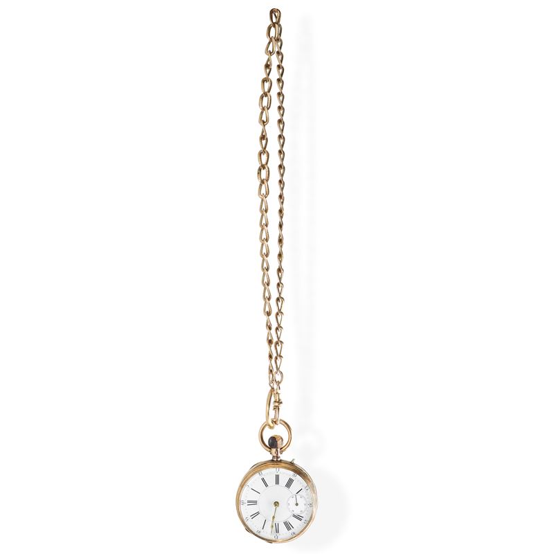 Orologio da tasca in oro 14 kt a carica manuale con spirale breguet con catena in oro 14kt