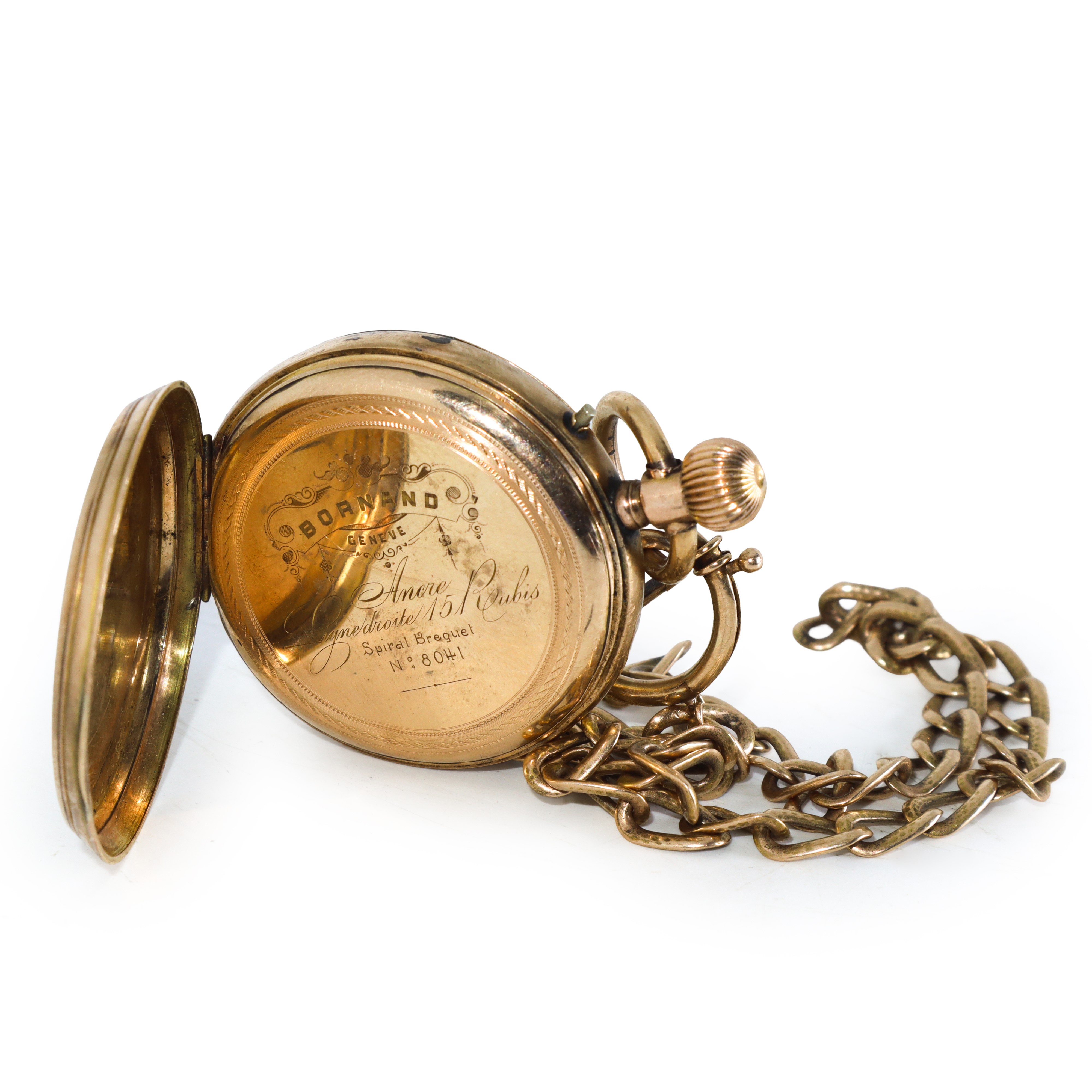 Orologio da tasca in oro 14 kt a carica manuale con spirale breguet con catena in oro 14kt