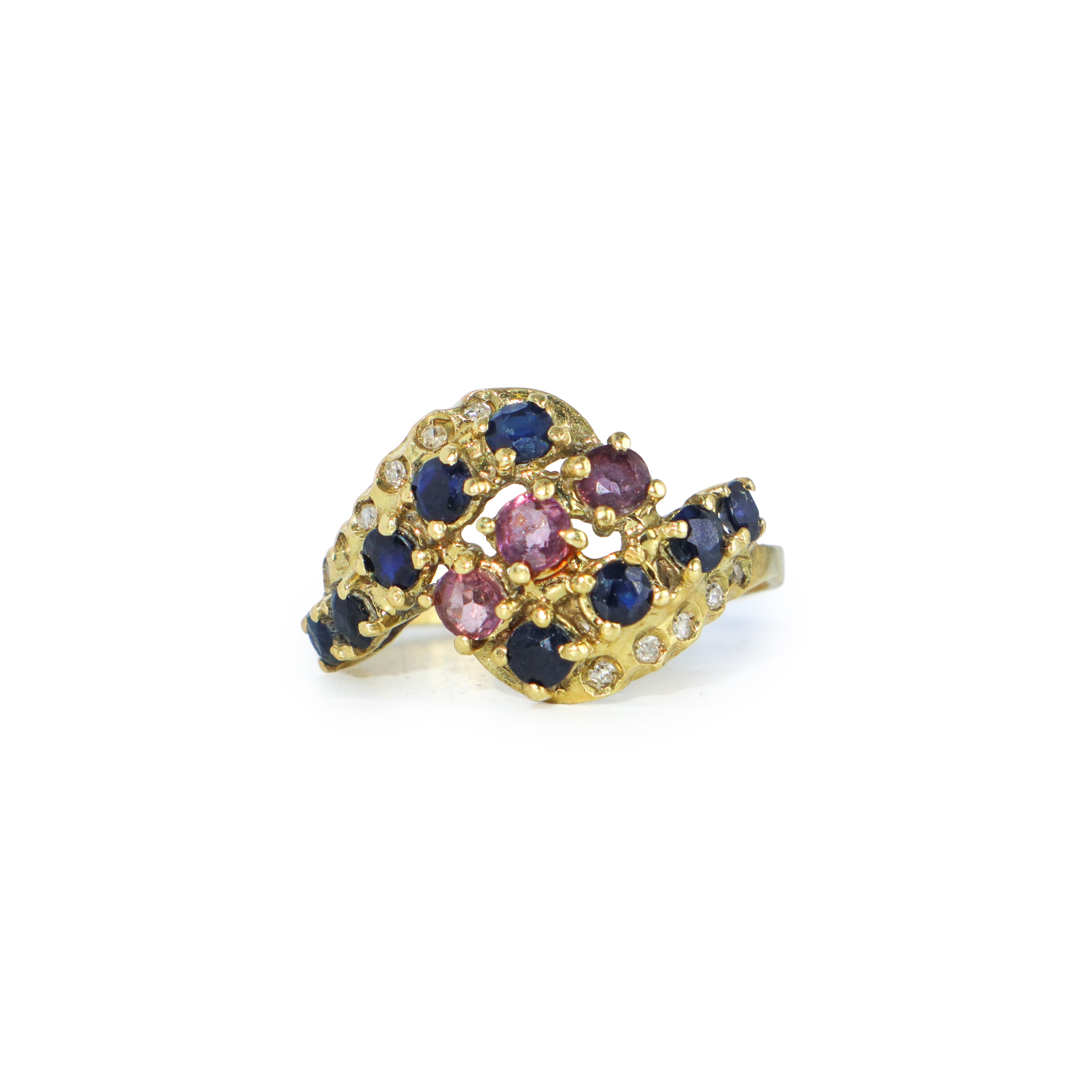 Anello in oro giallo 750 con zaffiri, tormaline rosa e diamanti, mis. 15 gr.