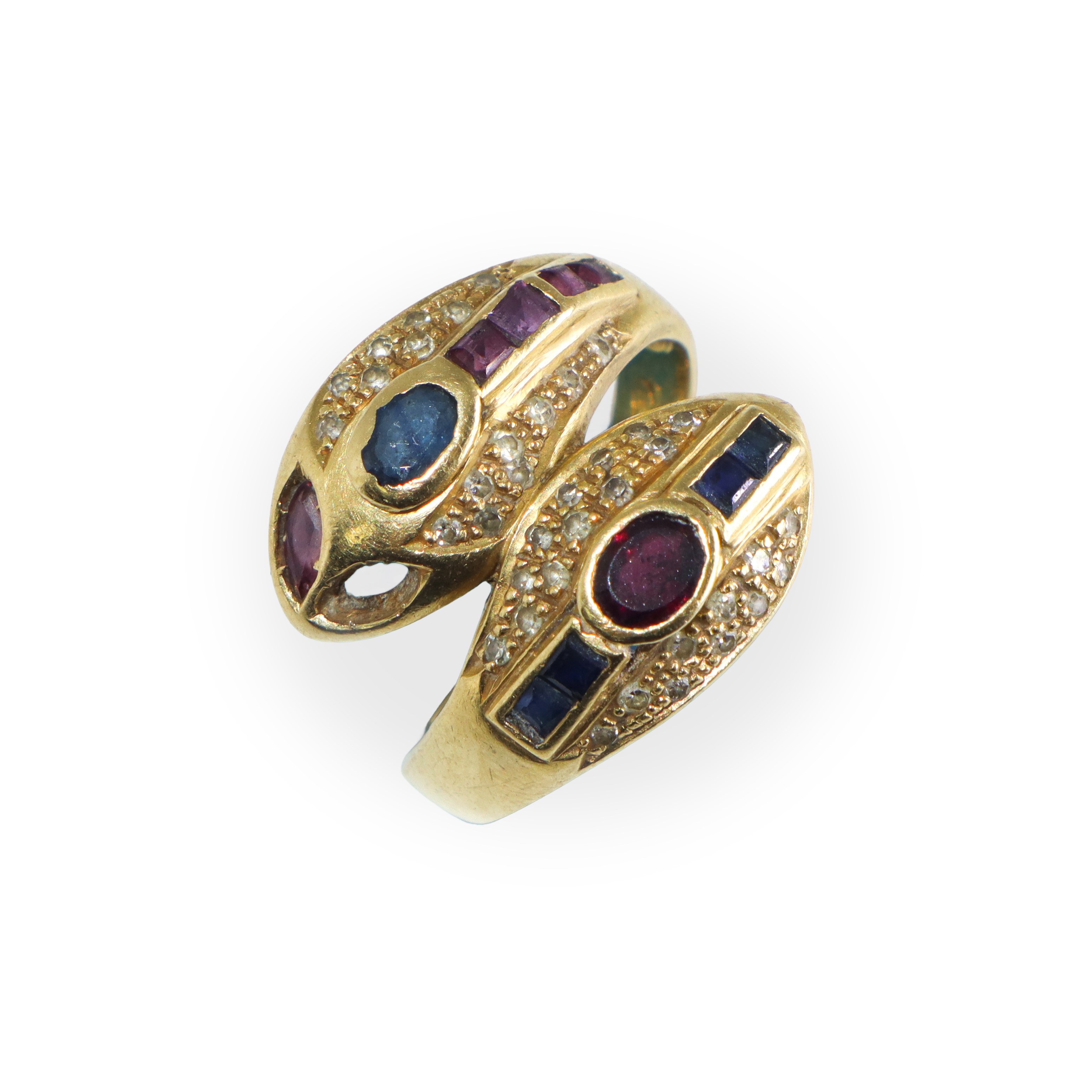 Anello in oro giallo 750 a forma di serpente, decorato con zaffiri, rubini e diamanti