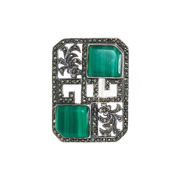 Rectangular brooch in 925 silver with stones and small malachite squares
