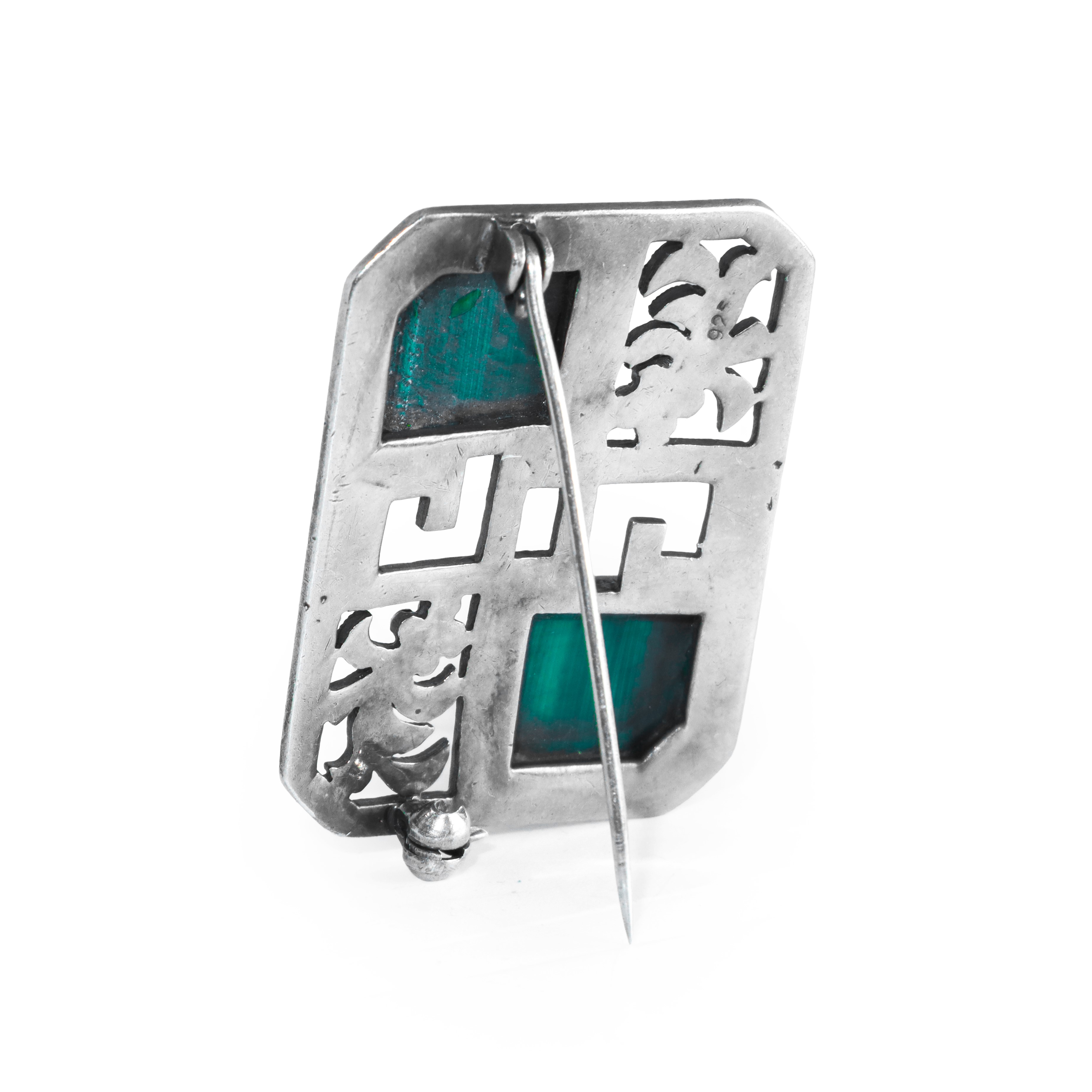 Spilla rettangolare in argento 925 con pietre e piccoli riquadri in malachite