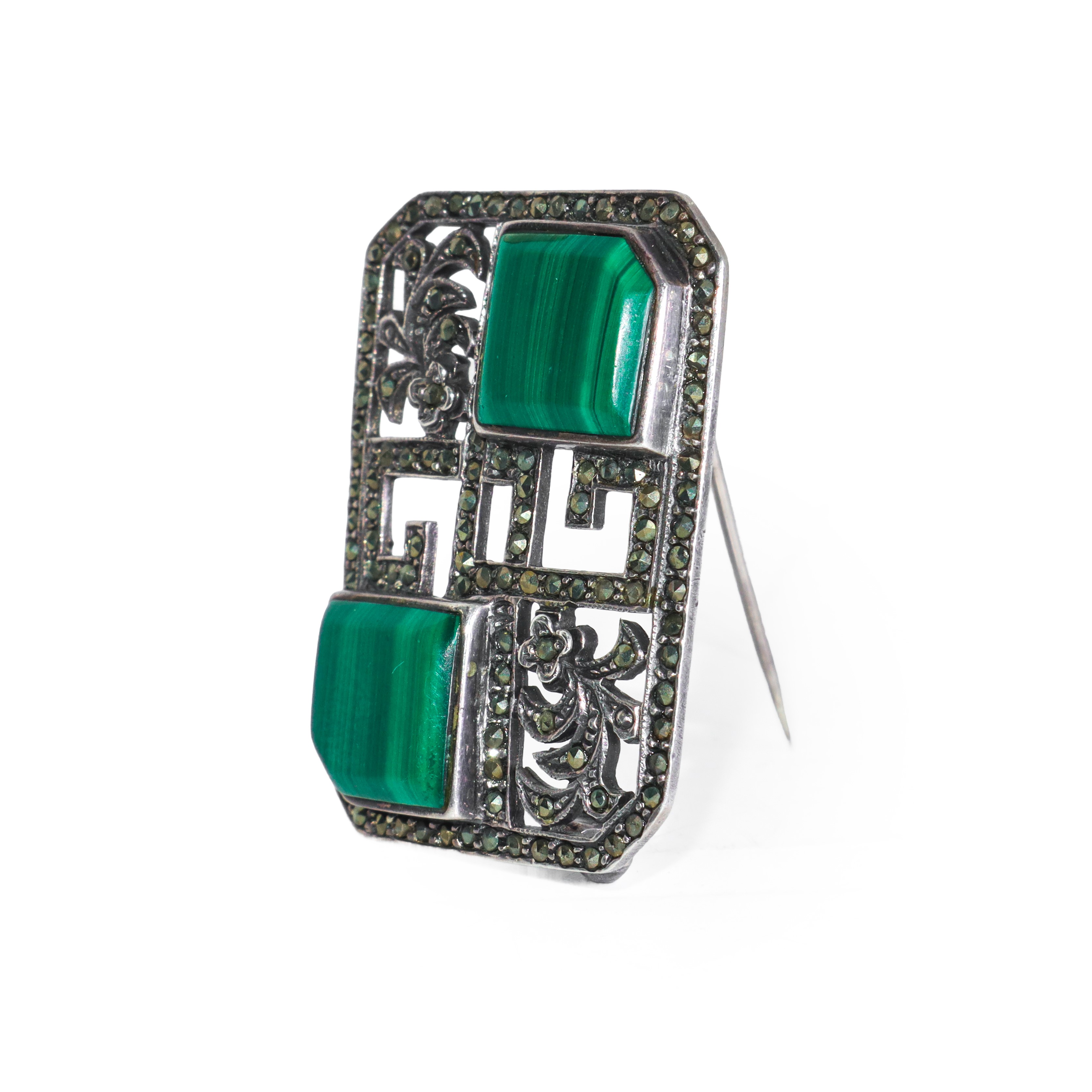 Spilla rettangolare in argento 925 con pietre e piccoli riquadri in malachite