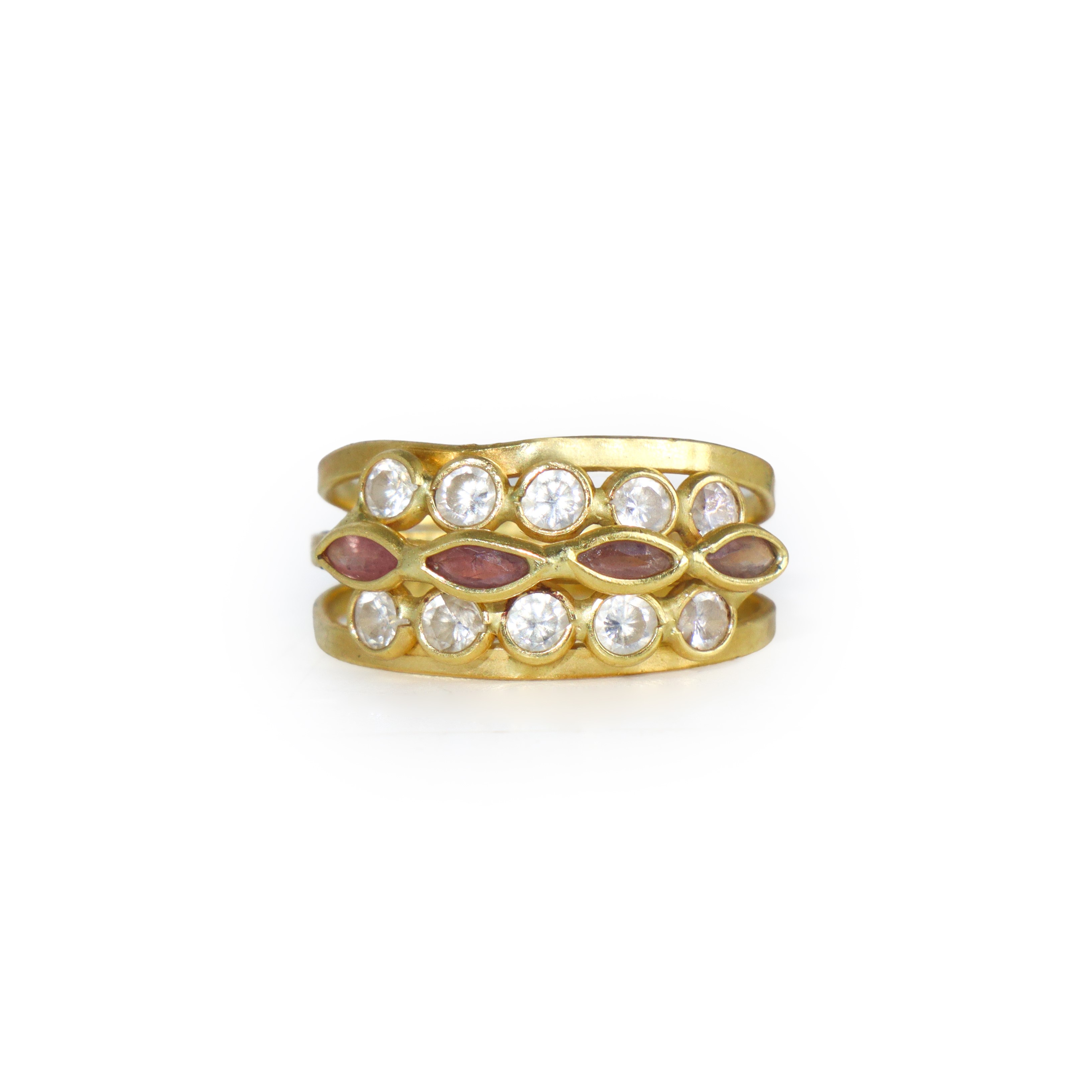 Anello in oro giallo 750 con diamanti e tormaline rosa, mis. 12 gr.