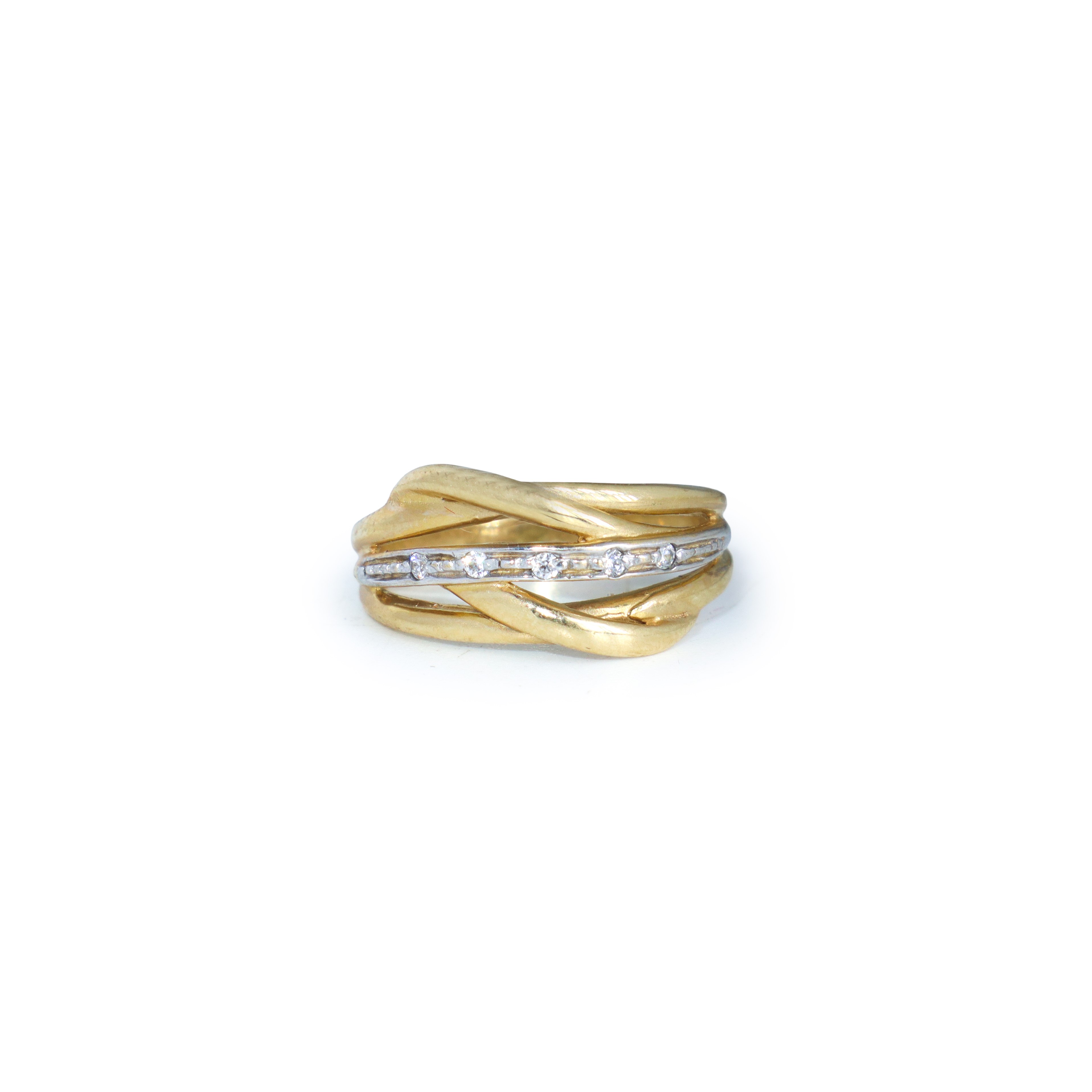 Anello in oro giallo 750 con fila di pietre su piccola fascia in oro bianco al fronte