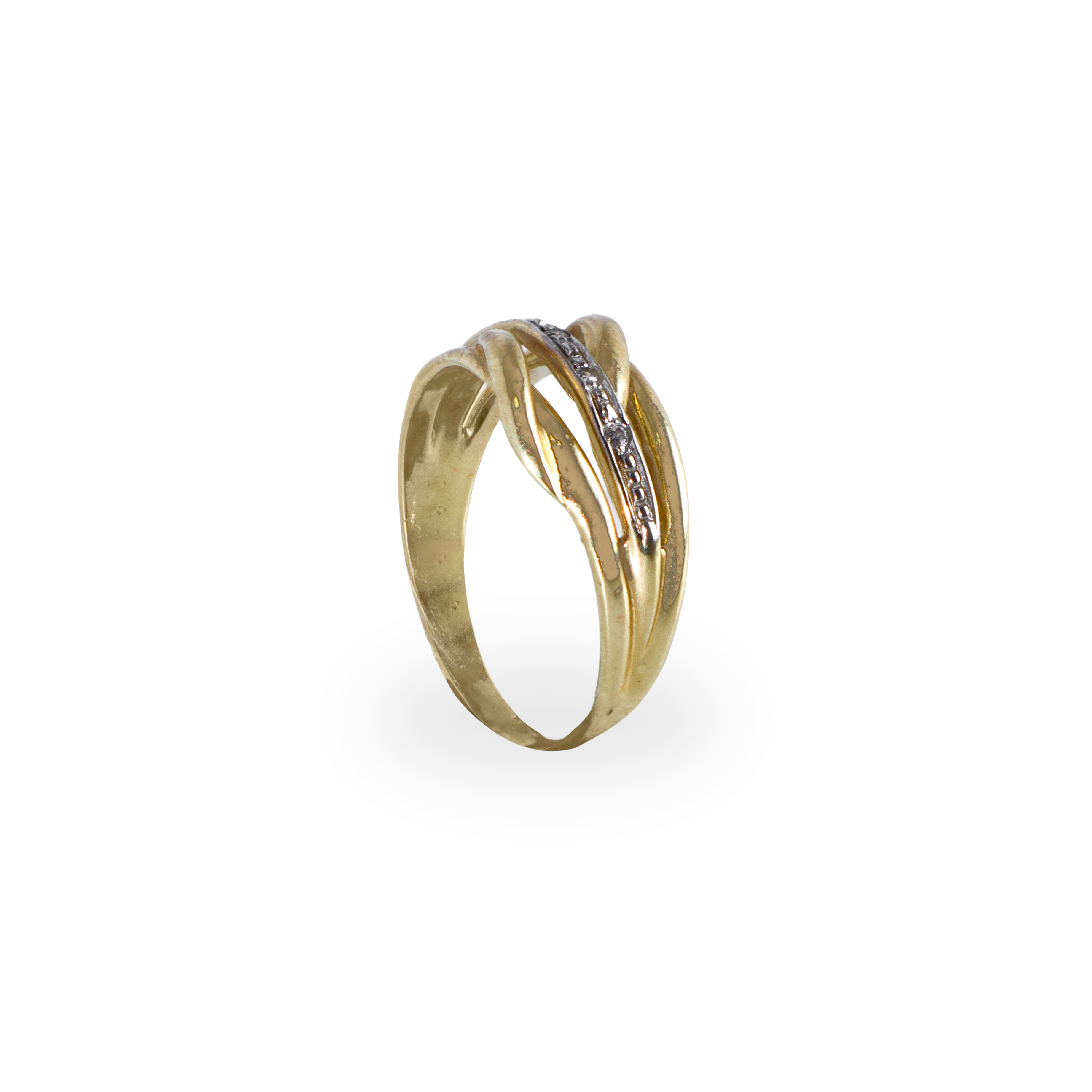 Anello in oro giallo 750 con fila di pietre su piccola fascia in oro bianco al fronte