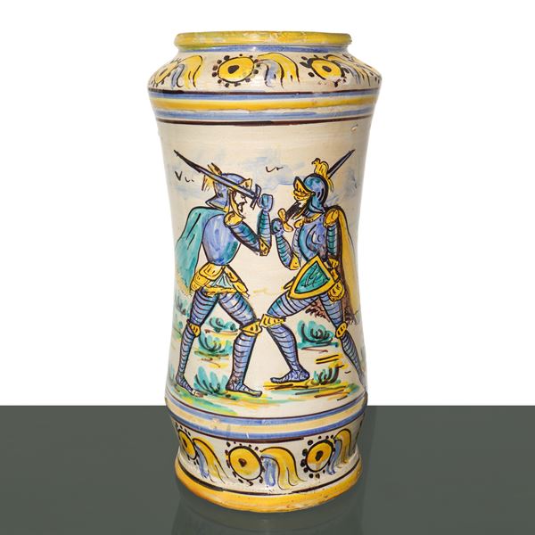 Large Caltagirone majolica cylinder painted in polychrome with a depiction of Sicilian puppets